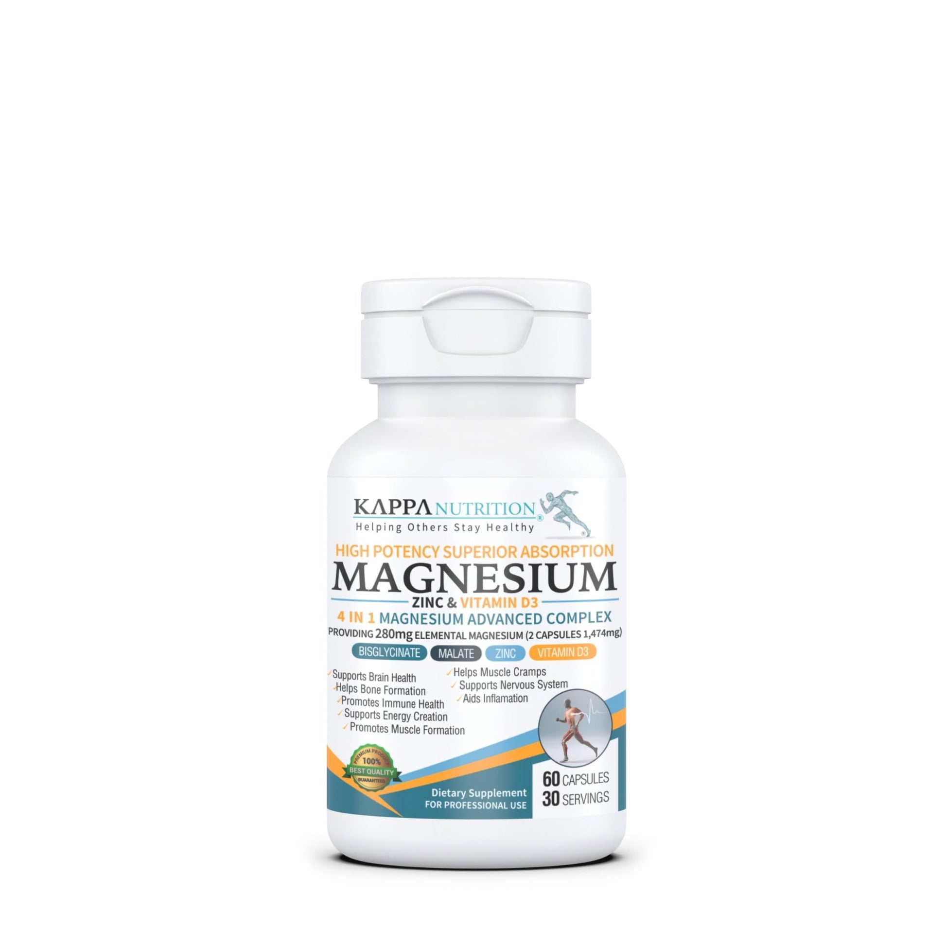 Kappa Nutrition Magnesium 4-in-1, 280mg Elemental Magnesium (Bisglycinate, Malate) + Zinc & Vitamin D3, Brain, Sleep, Energy, Muscle, Immune Support, 60 Vegan Capsules. - dailyvitalstore