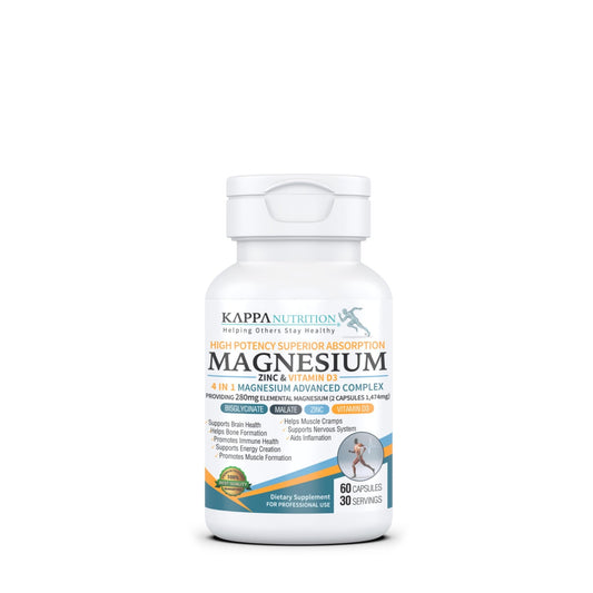 Kappa Nutrition Magnesium 4-in-1, 280mg Elemental Magnesium (Bisglycinate, Malate) + Zinc & Vitamin D3, Brain, Sleep, Energy, Muscle, Immune Support, 60 Vegan Capsules. - dailyvitalstore