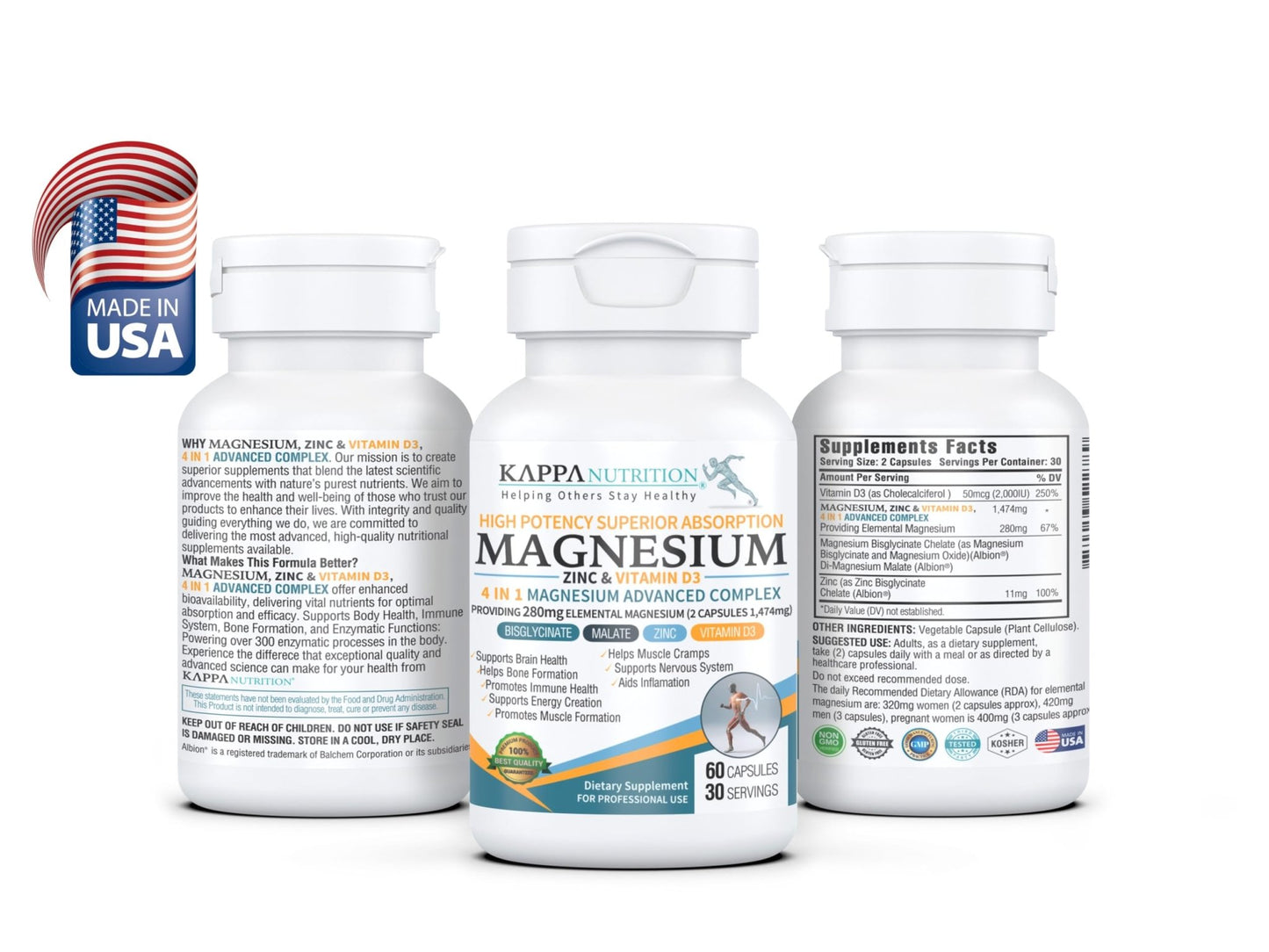 Kappa Nutrition Magnesium 4-in-1, 280mg Elemental Magnesium (Bisglycinate, Malate) + Zinc & Vitamin D3, Brain, Sleep, Energy, Muscle, Immune Support, 60 Vegan Capsules. - dailyvitalstore
