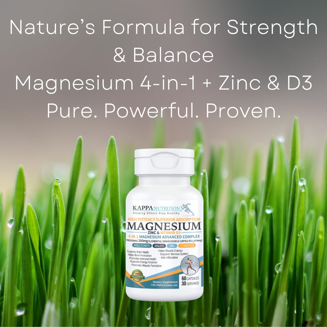 Kappa Nutrition Magnesium 4-in-1, 280mg Elemental Magnesium (Bisglycinate, Malate) + Zinc & Vitamin D3, Brain, Sleep, Energy, Muscle, Immune Support, 60 Vegan Capsules. - dailyvitalstore