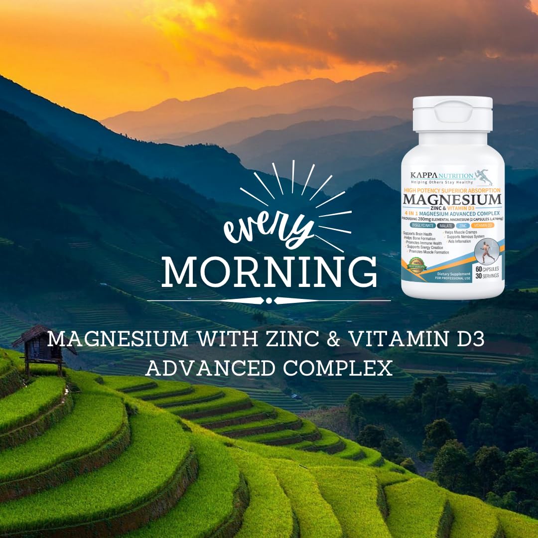 Kappa Nutrition Magnesium 4-in-1, 280mg Elemental Magnesium (Bisglycinate, Malate) + Zinc & Vitamin D3, Brain, Sleep, Energy, Muscle, Immune Support, 60 Vegan Capsules. - dailyvitalstore