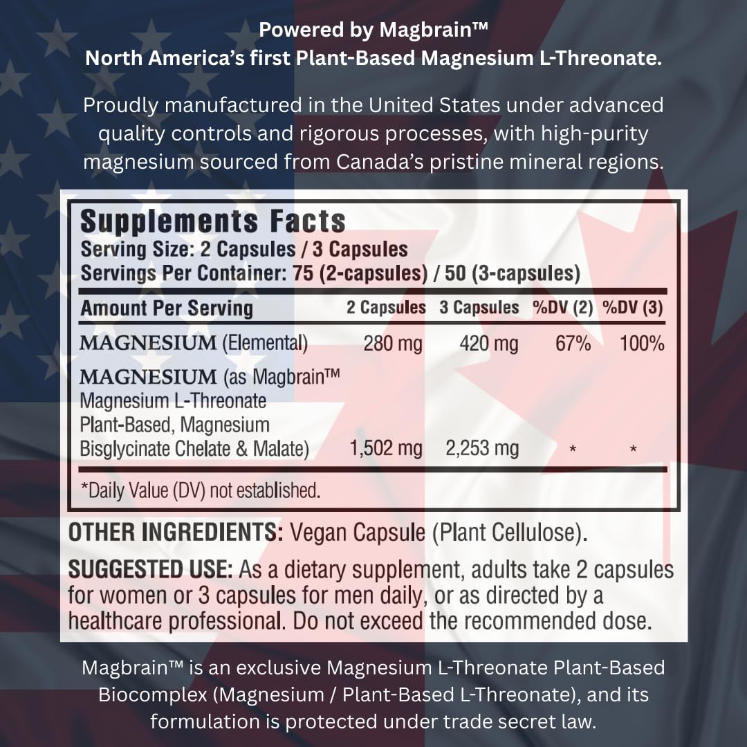 Kappa Nutrition Powered by Magbrain™ Magnesium L-Threonate Plant-Based, 150 Vegan Capsules, 420mg Elemental Magnesium (3 Capsules) from 2,253mg, Brain, Sleep & Muscle Support. - dailyvitalstore