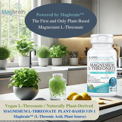 Kappa Nutrition Powered by Magbrain™ Magnesium L-Threonate Plant-Based, 150 Vegan Capsules, 420mg Elemental Magnesium (3 Capsules) from 2,253mg, Brain, Sleep & Muscle Support. - dailyvitalstore