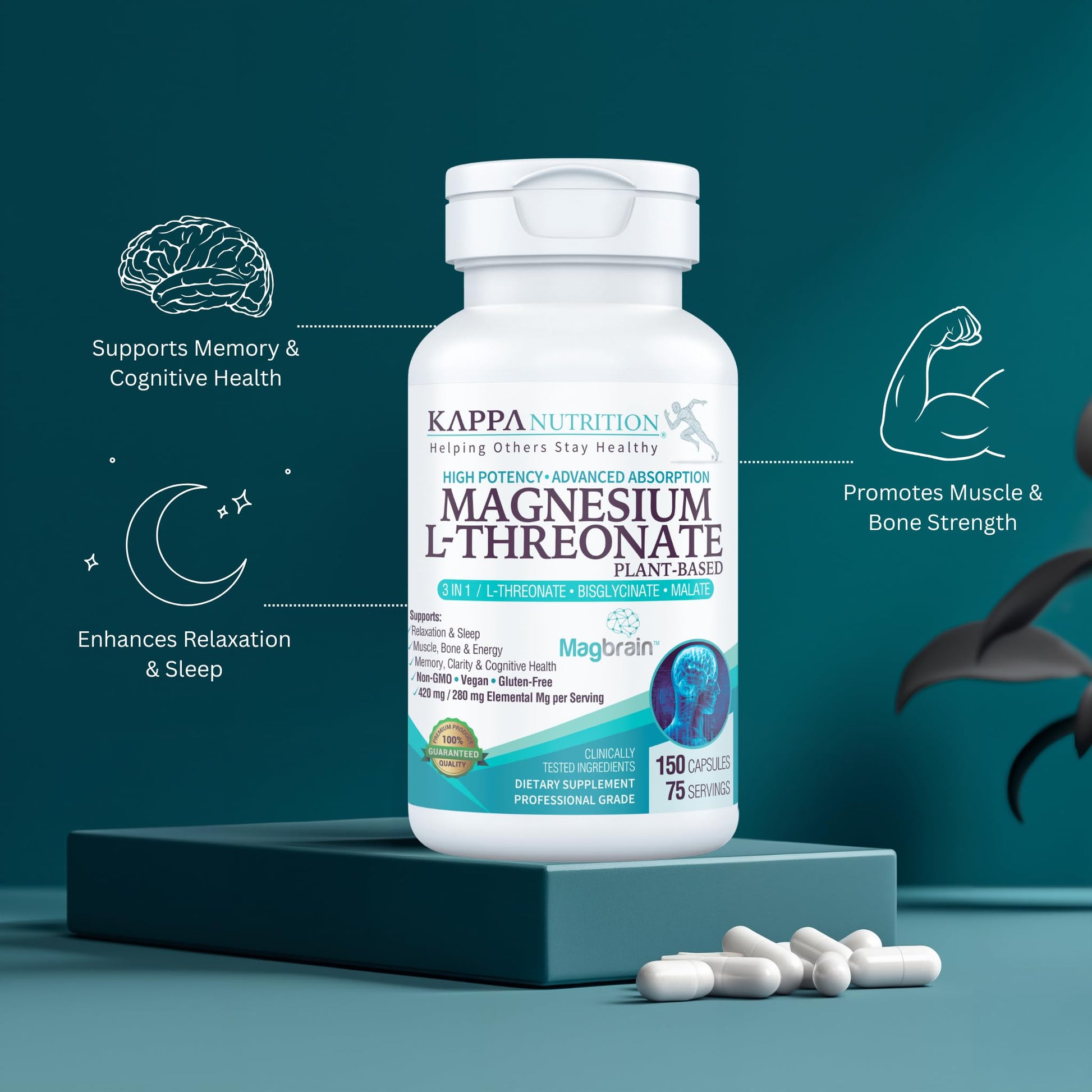 Kappa Nutrition Powered by Magbrain™ Magnesium L-Threonate Plant-Based, 150 Vegan Capsules, 420mg Elemental Magnesium (3 Capsules) from 2,253mg, Brain, Sleep & Muscle Support. - dailyvitalstore