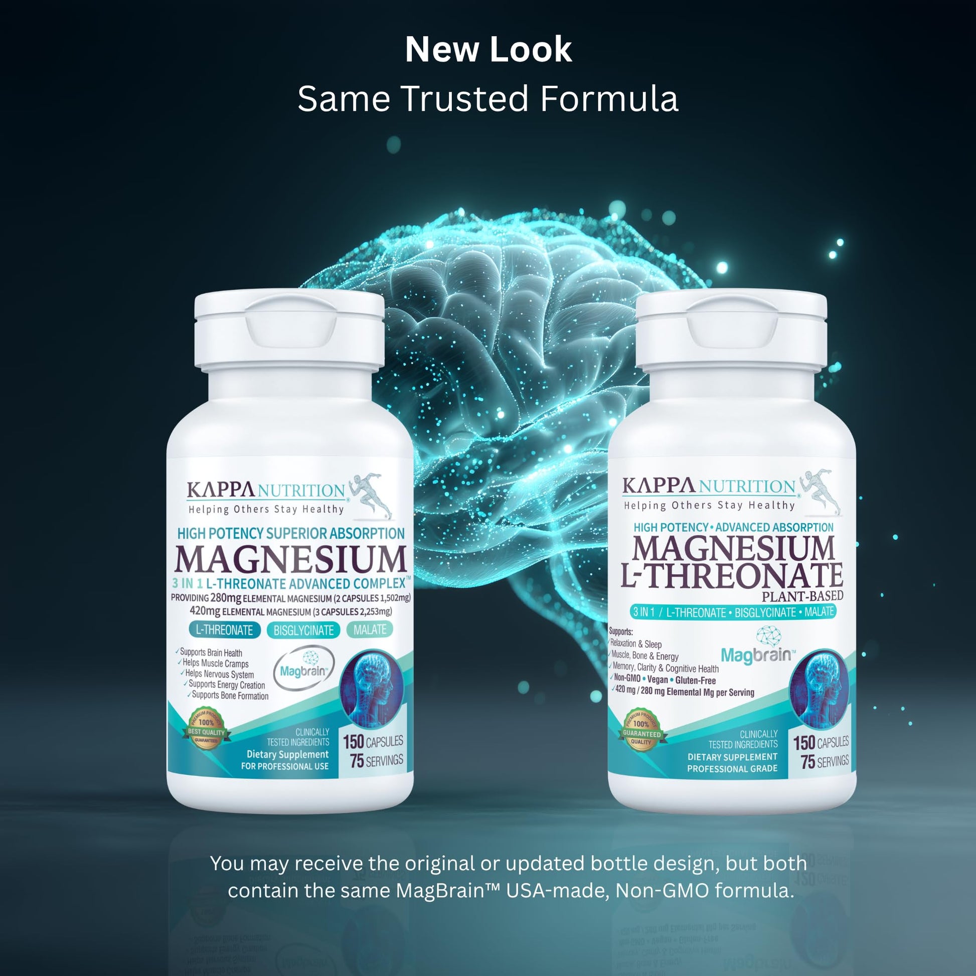 Kappa Nutrition Powered by Magbrain™ Magnesium L-Threonate Plant-Based, 150 Vegan Capsules, 420mg Elemental Magnesium (3 Capsules) from 2,253mg, Brain, Sleep & Muscle Support. - dailyvitalstore