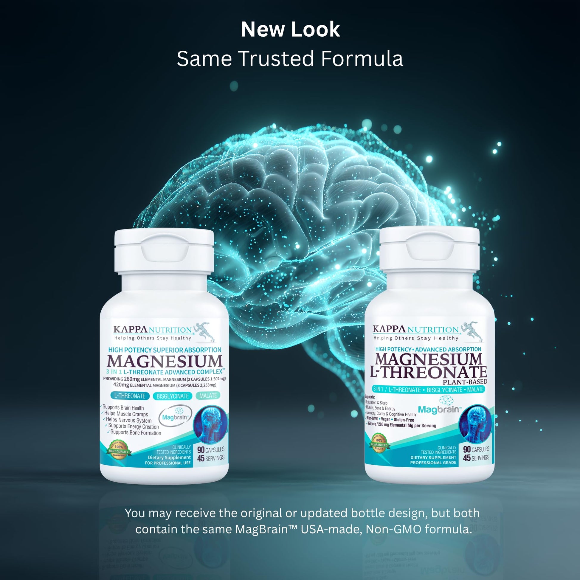 Kappa Nutrition Powered by Magbrain™ Magnesium L-Threonate Plant-Based, 90 Vegan Capsules, 420mg Elemental Magnesium (3 Capsules) from 2,253mg, Brain, Sleep & Muscle Support. - dailyvitalstore