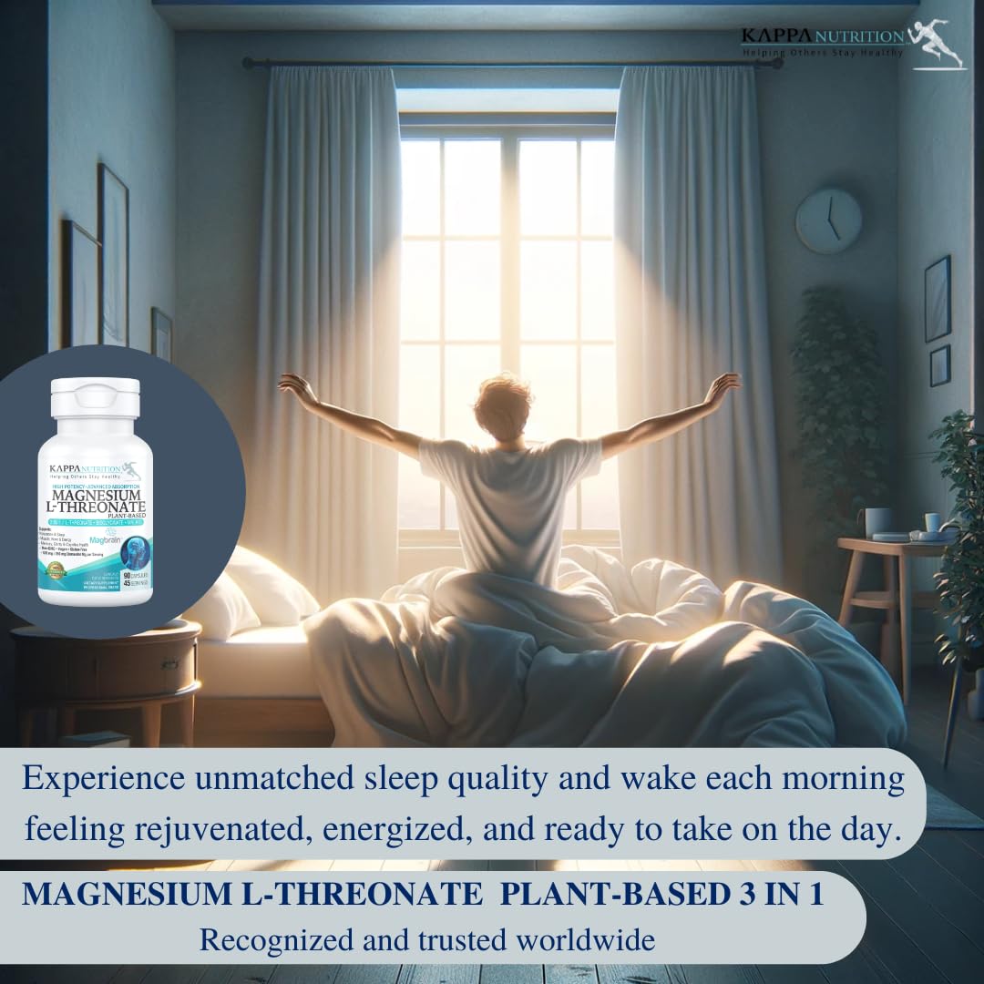 Kappa Nutrition Powered by Magbrain™ Magnesium L-Threonate Plant-Based, 90 Vegan Capsules, 420mg Elemental Magnesium (3 Capsules) from 2,253mg, Brain, Sleep & Muscle Support. - dailyvitalstore