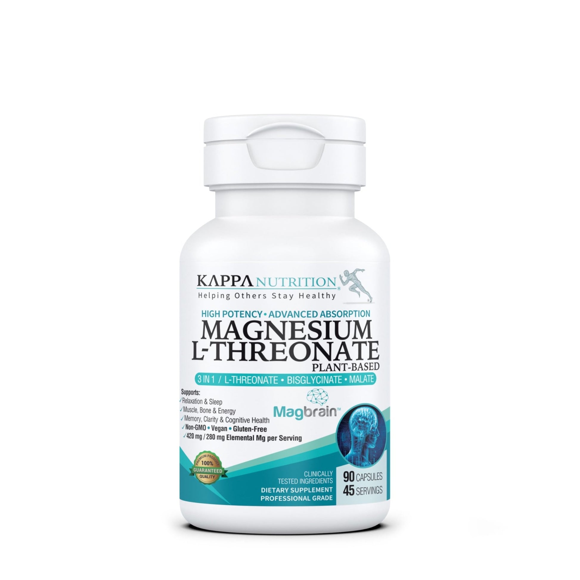 Kappa Nutrition Powered by Magbrain™ Magnesium L-Threonate Plant-Based, 90 Vegan Capsules, 420mg Elemental Magnesium (3 Capsules) from 2,253mg, Brain, Sleep & Muscle Support. - dailyvitalstore