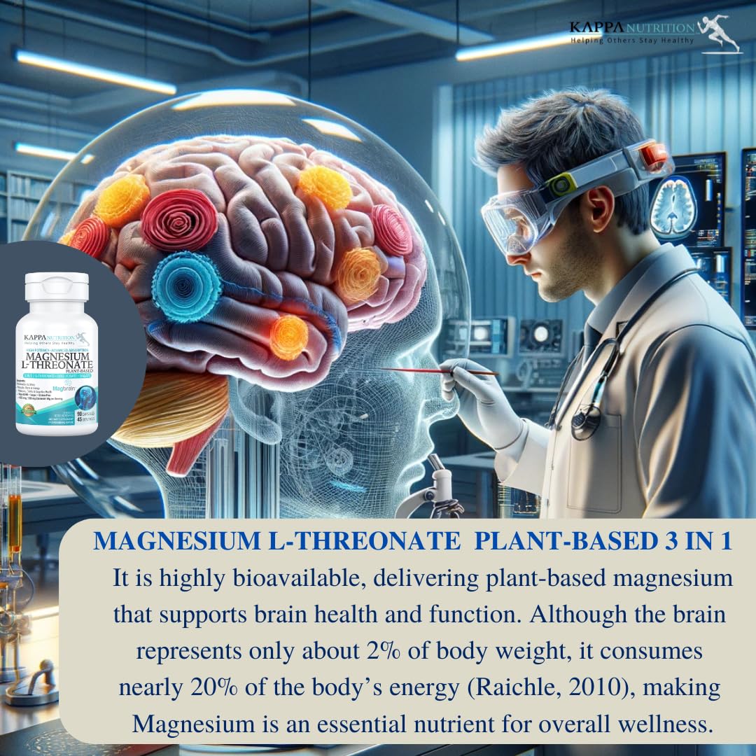 Kappa Nutrition Powered by Magbrain™ Magnesium L-Threonate Plant-Based, 90 Vegan Capsules, 420mg Elemental Magnesium (3 Capsules) from 2,253mg, Brain, Sleep & Muscle Support. - dailyvitalstore