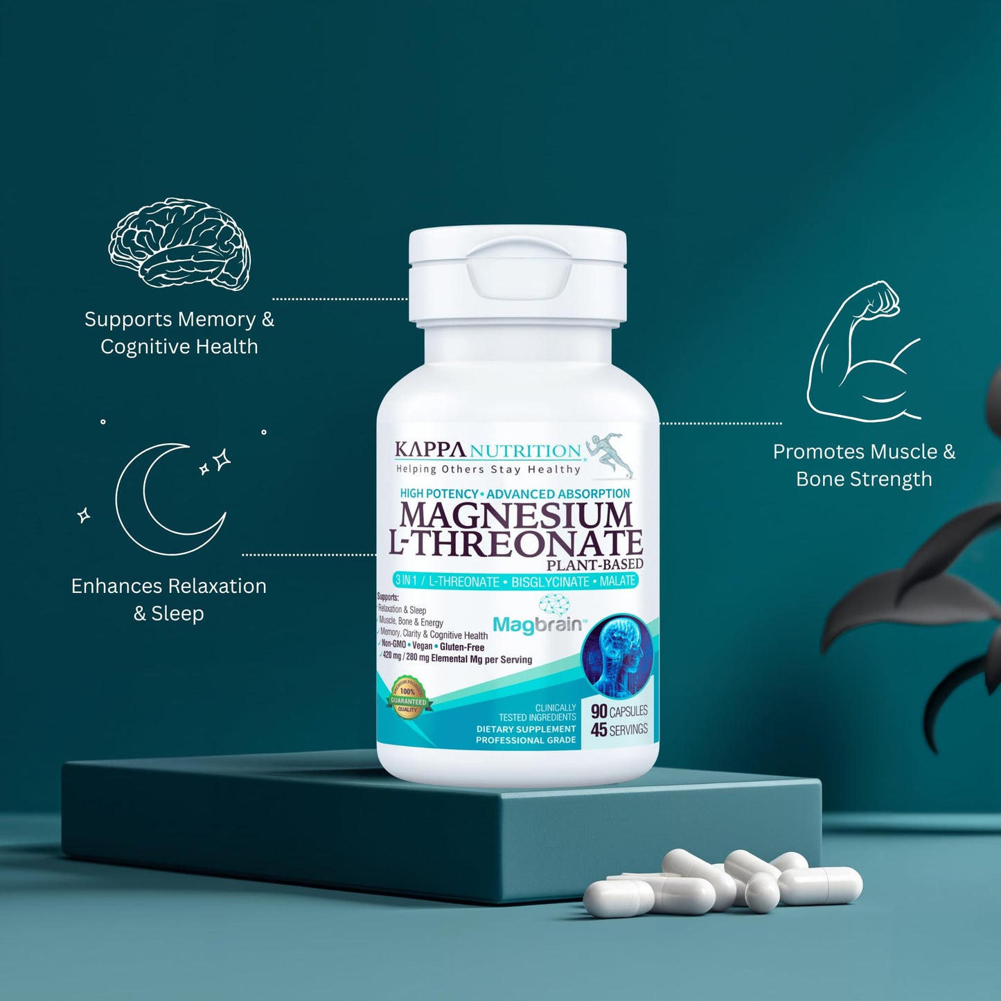 Kappa Nutrition Powered by Magbrain™ Magnesium L-Threonate Plant-Based, 90 Vegan Capsules, 420mg Elemental Magnesium (3 Capsules) from 2,253mg, Brain, Sleep & Muscle Support. - dailyvitalstore