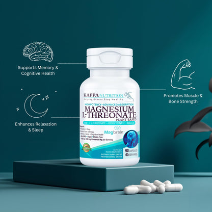 Kappa Nutrition Powered by Magbrain™ Magnesium L-Threonate Plant-Based, 90 Vegan Capsules, 420mg Elemental Magnesium (3 Capsules) from 2,253mg, Brain, Sleep & Muscle Support. - dailyvitalstore