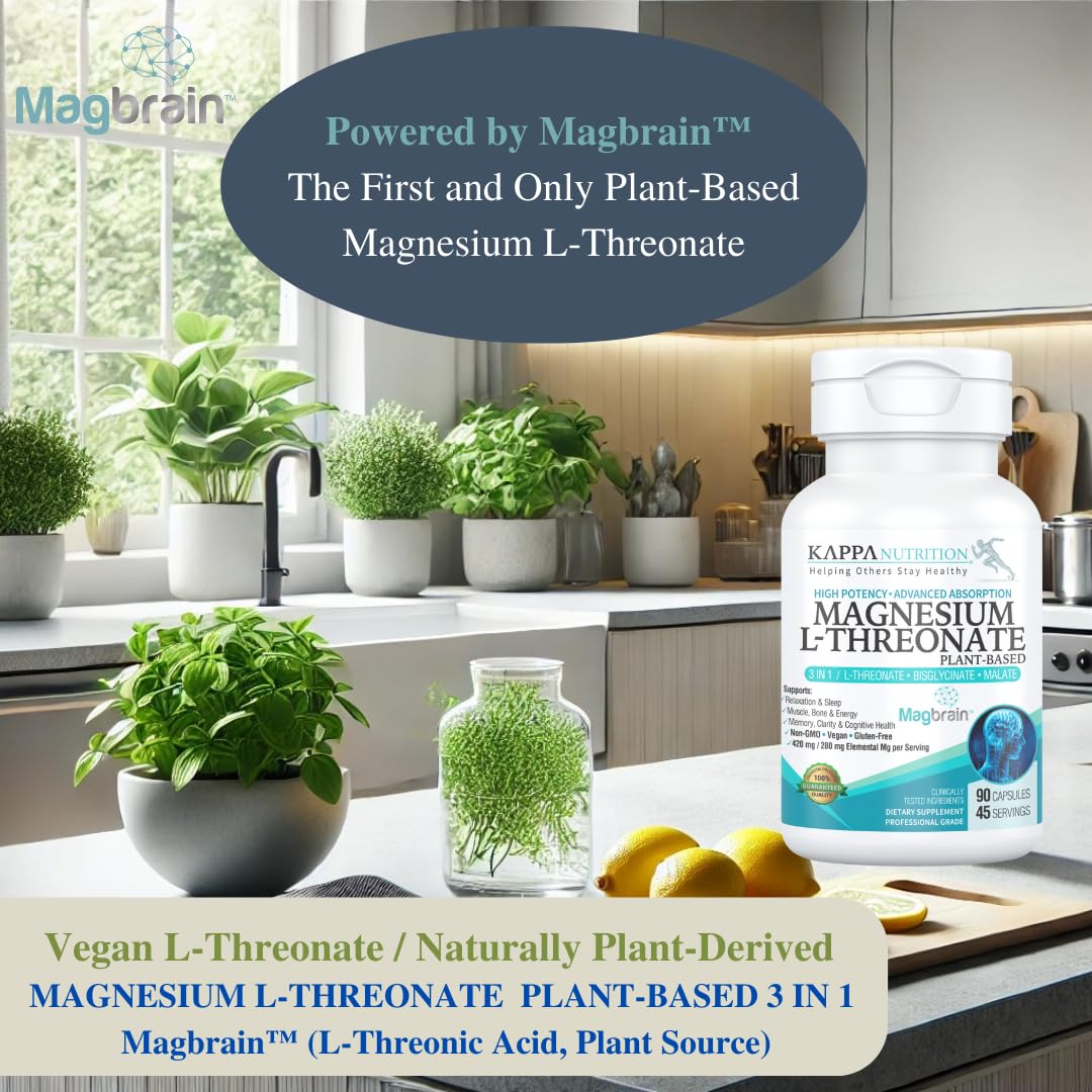 Kappa Nutrition Powered by Magbrain™ Magnesium L-Threonate Plant-Based, 90 Vegan Capsules, 420mg Elemental Magnesium (3 Capsules) from 2,253mg, Brain, Sleep & Muscle Support. - dailyvitalstore