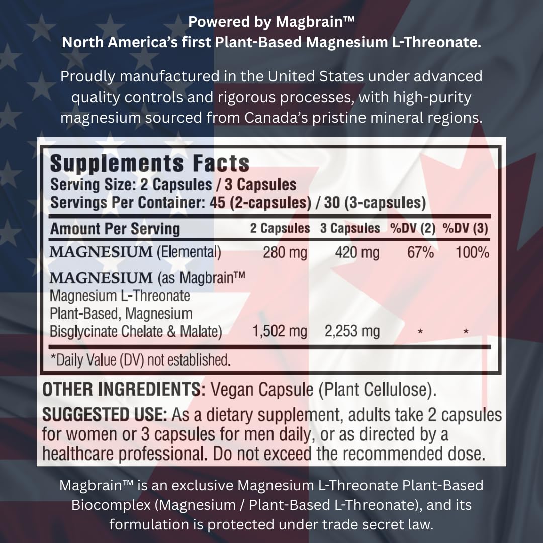 Kappa Nutrition Powered by Magbrain™ Magnesium L-Threonate Plant-Based, 90 Vegan Capsules, 420mg Elemental Magnesium (3 Capsules) from 2,253mg, Brain, Sleep & Muscle Support. - dailyvitalstore