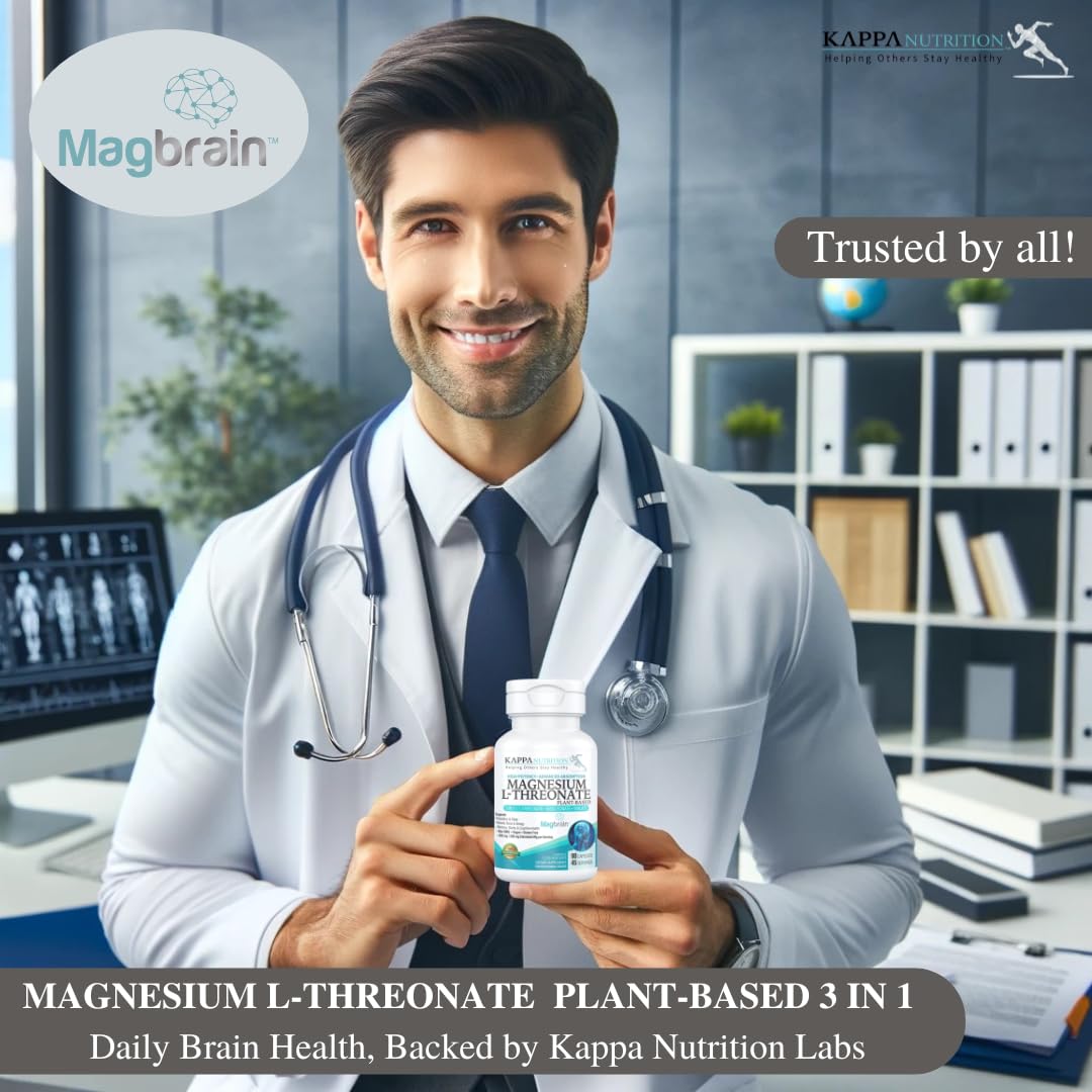 Kappa Nutrition Powered by Magbrain™ Magnesium L-Threonate Plant-Based, 90 Vegan Capsules, 420mg Elemental Magnesium (3 Capsules) from 2,253mg, Brain, Sleep & Muscle Support. - dailyvitalstore