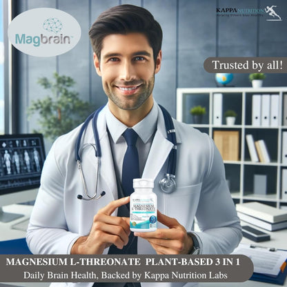 Kappa Nutrition Powered by Magbrain™ Magnesium L-Threonate Plant-Based, 90 Vegan Capsules, 420mg Elemental Magnesium (3 Capsules) from 2,253mg, Brain, Sleep & Muscle Support. - dailyvitalstore