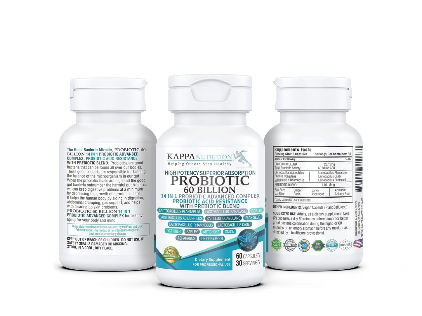 KAPPA NUTRITION Probiotic 60 Billion CFU 14 in 1 Formula with Prebiotics & Acidophilus for Women, Men & Adults, Shelf Stable, Acid Resistant, Natural Supplement 60 Capsules. - dailyvitalstore