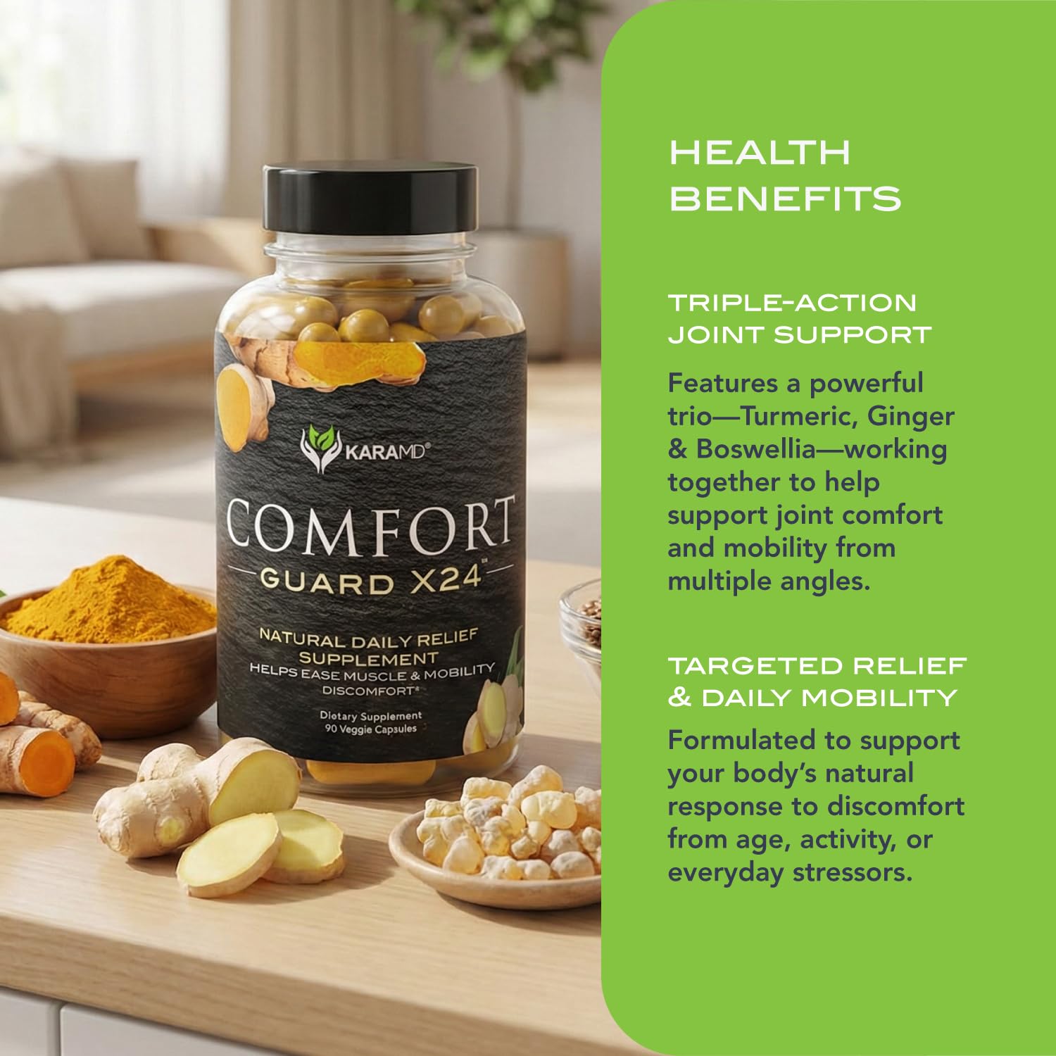 KaraMD Comfort Guard X24 | Joint & Movement Support Supplement | Turmeric Curcumin, Boswellia & Ginger | Ease Muscle Discomfort & Joint Stiffness | Non-GMO, Gluten Free & Vegan Friendly (30 Servings) - dailyvitalstore