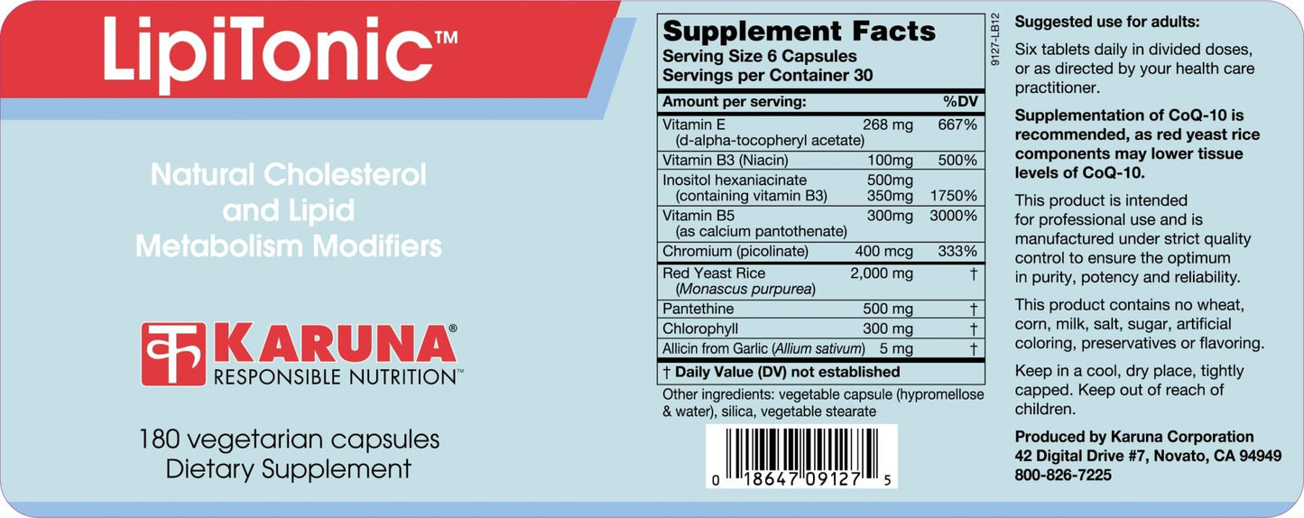 Karuna Lipitonic - 180 Vegetarian Capsules - Blend of Vitamins, Minerals, and botanicals Supporting Healthy Cholesterol Levels Already in the Normal Range and Promote Healthy lipid Metabolism - dailyvitalstore