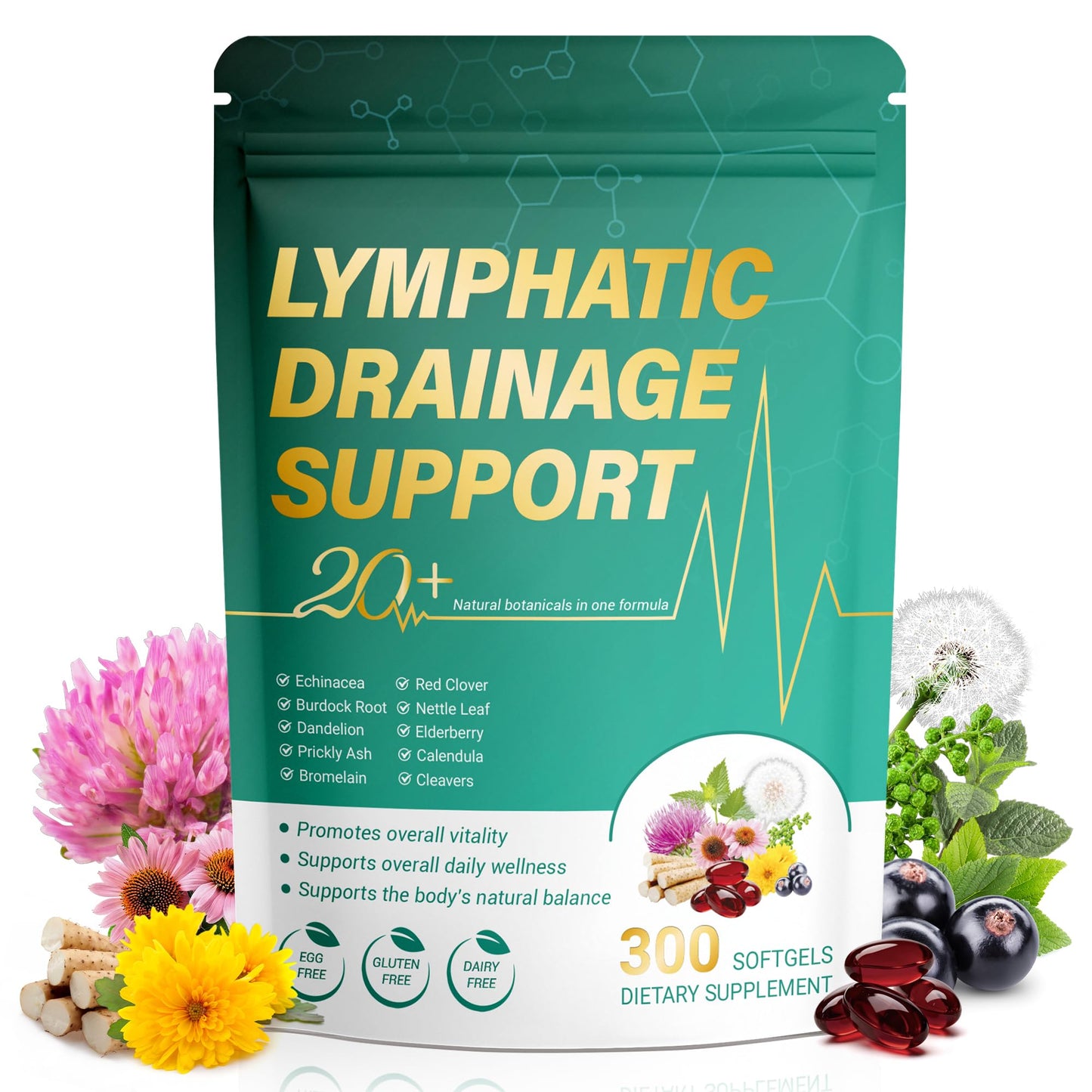 Kaseano Lymphatic Drainage Supplement 300 Softgels 21-in-1 Herbal Blend with Echinacea, Dandelion, Burdock Root Lymph System Support Fluid Balance & Immune System for Women & Men - dailyvitalstore