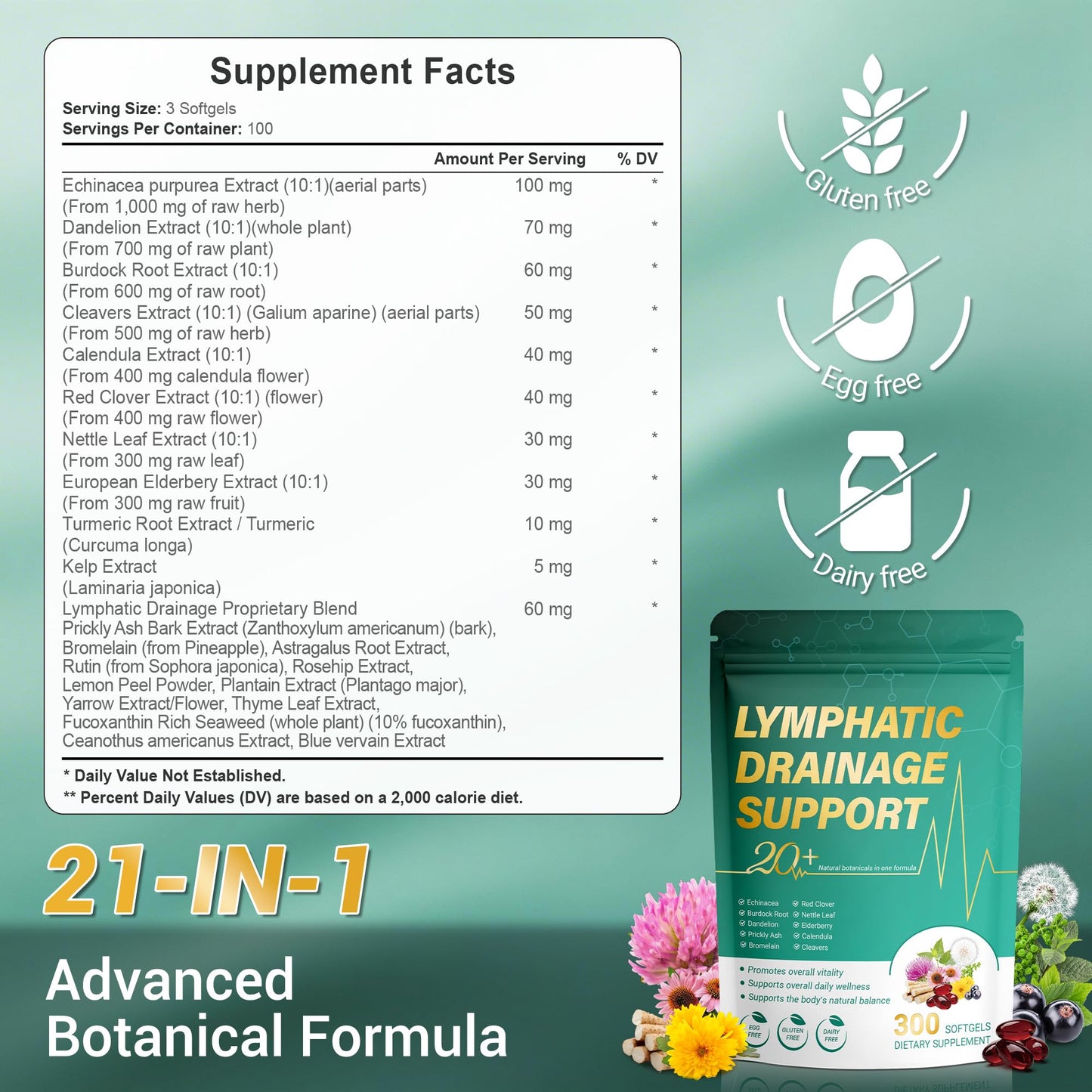 Kaseano Lymphatic Drainage Supplement 300 Softgels 21-in-1 Herbal Blend with Echinacea, Dandelion, Burdock Root Lymph System Support Fluid Balance & Immune System for Women & Men - dailyvitalstore