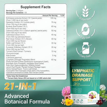 Kaseano Lymphatic Drainage Supplement 300 Softgels 21-in-1 Herbal Blend with Echinacea, Dandelion, Burdock Root Lymph System Support Fluid Balance & Immune System for Women & Men - dailyvitalstore