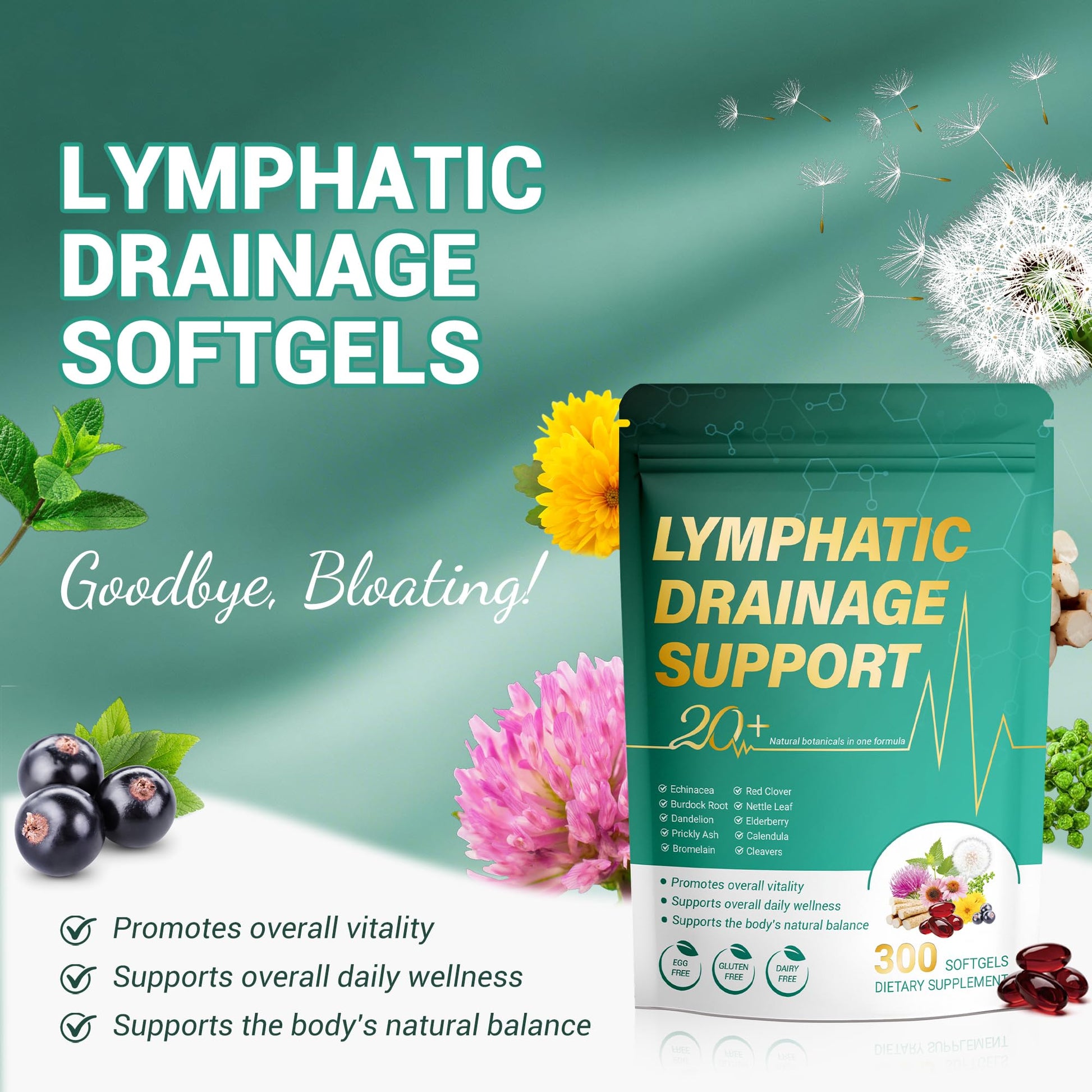 Kaseano Lymphatic Drainage Supplement 300 Softgels 21-in-1 Herbal Blend with Echinacea, Dandelion, Burdock Root Lymph System Support Fluid Balance & Immune System for Women & Men - dailyvitalstore