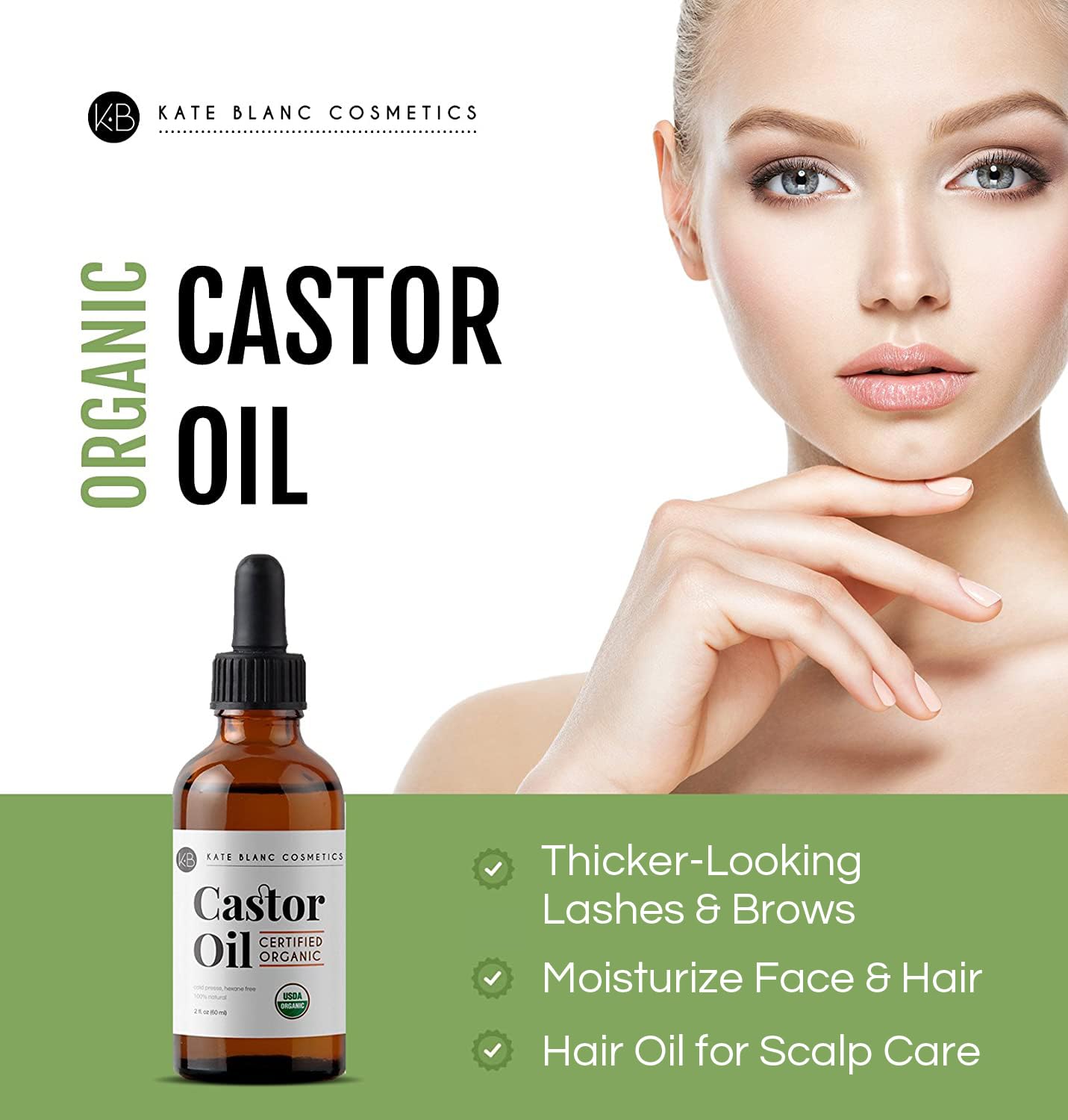 Kate Blanc Cosmetics Castor Oil Organic for Hair, Lashes, Face, Skin (2oz), 100% Pure, Cold Pressed, Hexane Free Hair Oil. - dailyvitalstore
