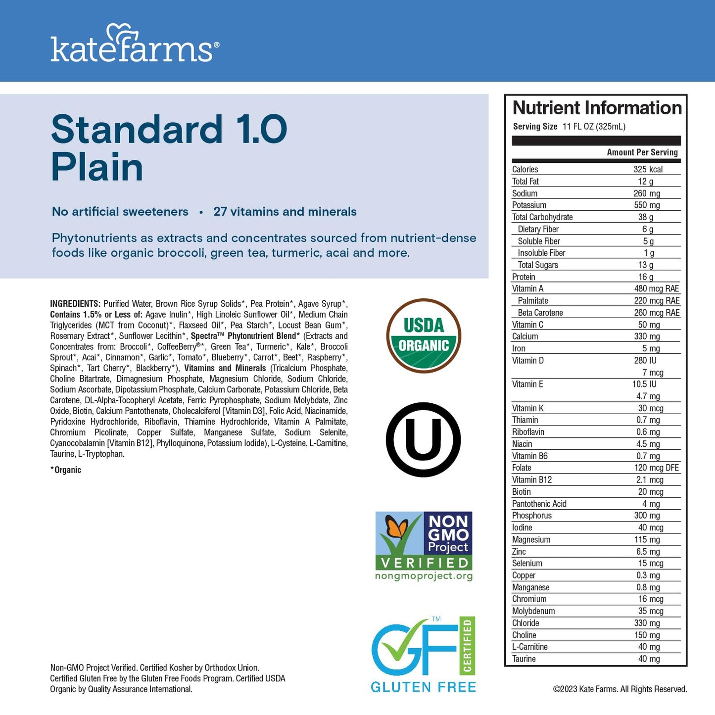 KATE FARMS Organic 1.0 Sole-Source Nutrition Shake, Plain, 16g Protein, 27 Vitamins and Minerals, Meal Replacement, Protein Shake, 11 oz (12 Pack) - dailyvitalstore