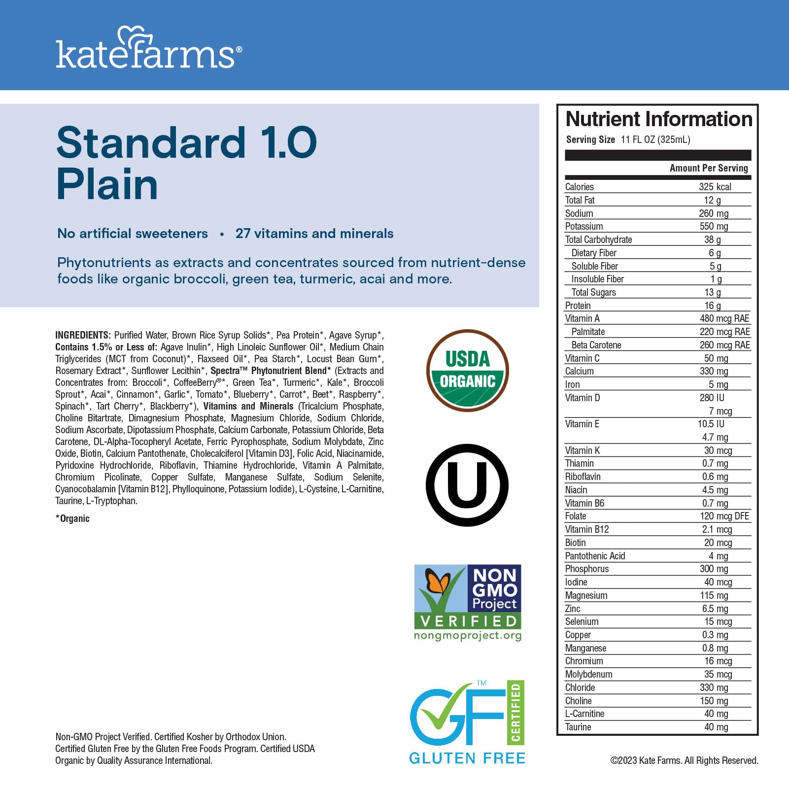 KATE FARMS Organic 1.0 Sole-Source Nutrition Shake, Plain, 16g Protein, 27 Vitamins and Minerals, Meal Replacement, Protein Shake, 11 oz (12 Pack) - dailyvitalstore