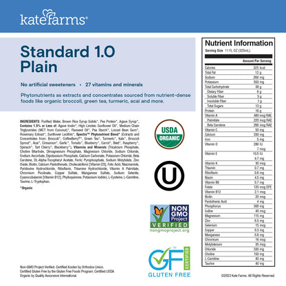KATE FARMS Organic 1.0 Sole-Source Nutrition Shake, Plain, 16g Protein, 27 Vitamins and Minerals, Meal Replacement, Protein Shake, 11 oz (12 Pack) - dailyvitalstore