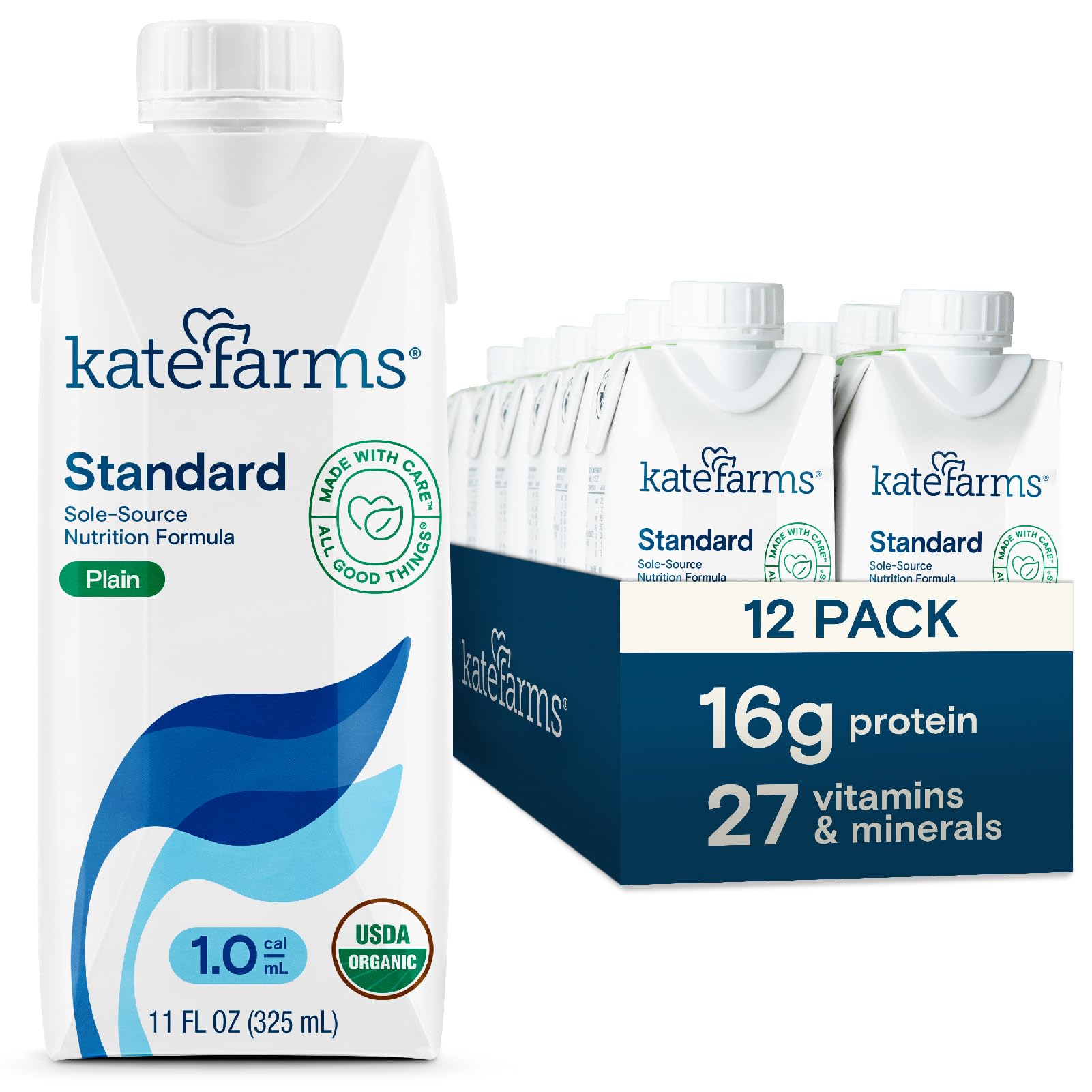 KATE FARMS Organic 1.0 Sole-Source Nutrition Shake, Plain, 16g Protein, 27 Vitamins and Minerals, Meal Replacement, Protein Shake, 11 oz (12 Pack) - dailyvitalstore