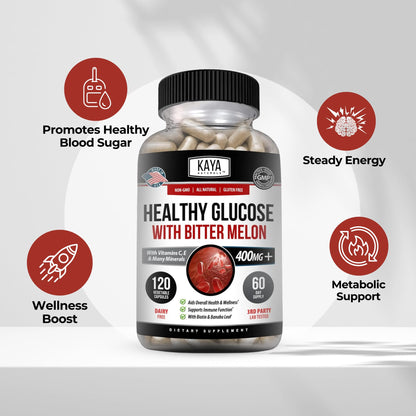 Kaya Naturals Healthy Gluco with Bittermelon Supplement | Support Healthy Levels and Function, 20 Herbs Vitamins and Minerals, Alpha Lipoic Acide, Cinnamon, Vitamin C & E, Non-GMO (120 Count) - dailyvitalstore