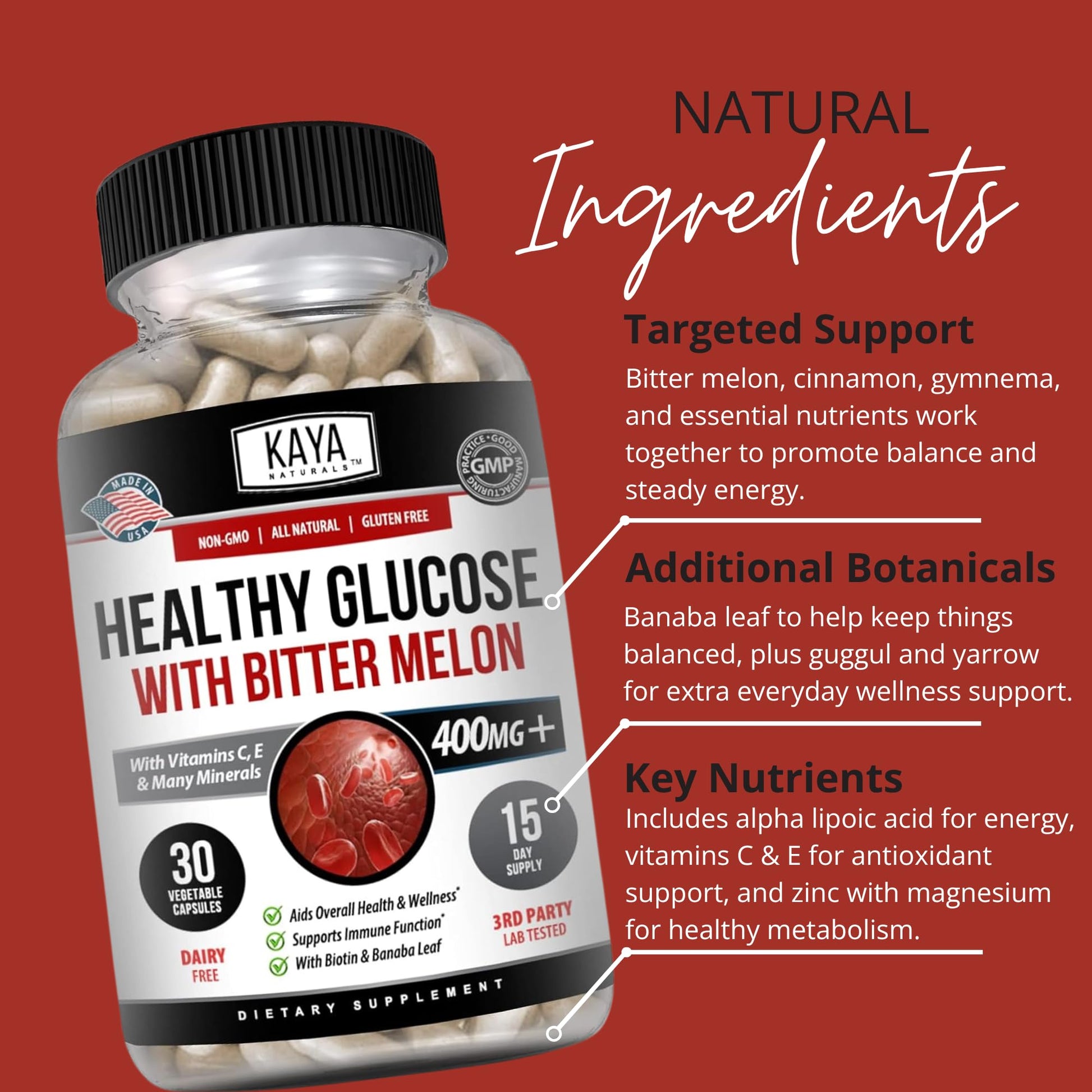Kaya Naturals Healthy Gluco with Bittermelon Supplement | Support Healthy Levels and Function, 20 Herbs Vitamins and Minerals, Alpha Lipoic Acide, Cinnamon, Vitamin C & E, Non-GMO (30 Count) - dailyvitalstore