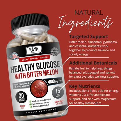 Kaya Naturals Healthy Gluco with Bittermelon Supplement | Support Healthy Levels and Function, 20 Herbs Vitamins and Minerals, Alpha Lipoic Acide, Cinnamon, Vitamin C & E, Non-GMO (30 Count) - dailyvitalstore