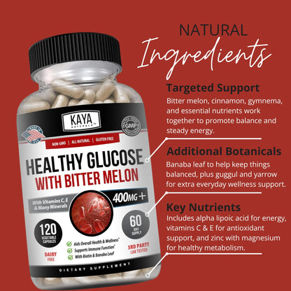 Kaya Naturals Healthy Gluco with Bittermelon Supplement | Support Healthy Levels and Function, 20 Herbs Vitamins and Minerals, Alpha Lipoic Acide, Cinnamon, Vitamin C & E, Non-GMO (120 Count) - dailyvitalstore