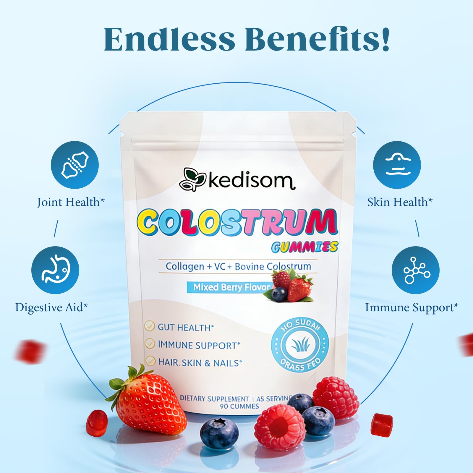 KEDISOM Colostrum Gummies, Grass Fed Colostrum Supplement, 90 Bovine Colostrum Gummies, 45 Servings, Mixed Berry, Sugar-Free - dailyvitalstore