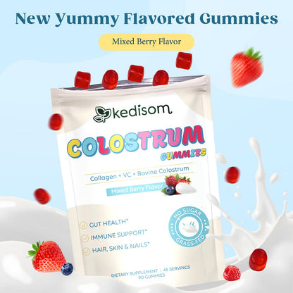 KEDISOM Colostrum Gummies, Grass Fed Colostrum Supplement, 90 Bovine Colostrum Gummies, 45 Servings, Mixed Berry, Sugar-Free - dailyvitalstore
