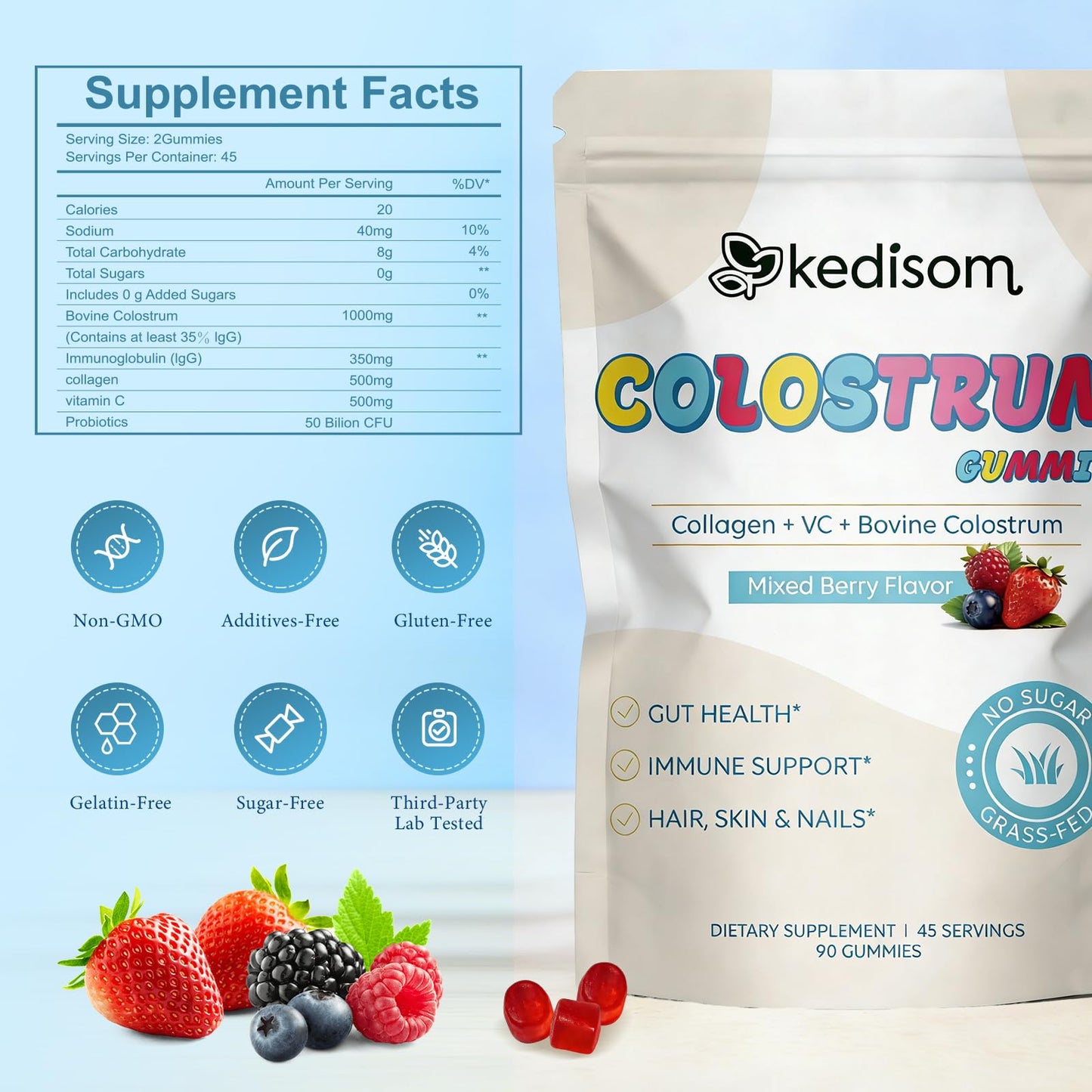 KEDISOM Colostrum Gummies, Grass Fed Colostrum Supplement, 90 Bovine Colostrum Gummies, 45 Servings, Mixed Berry, Sugar-Free - dailyvitalstore