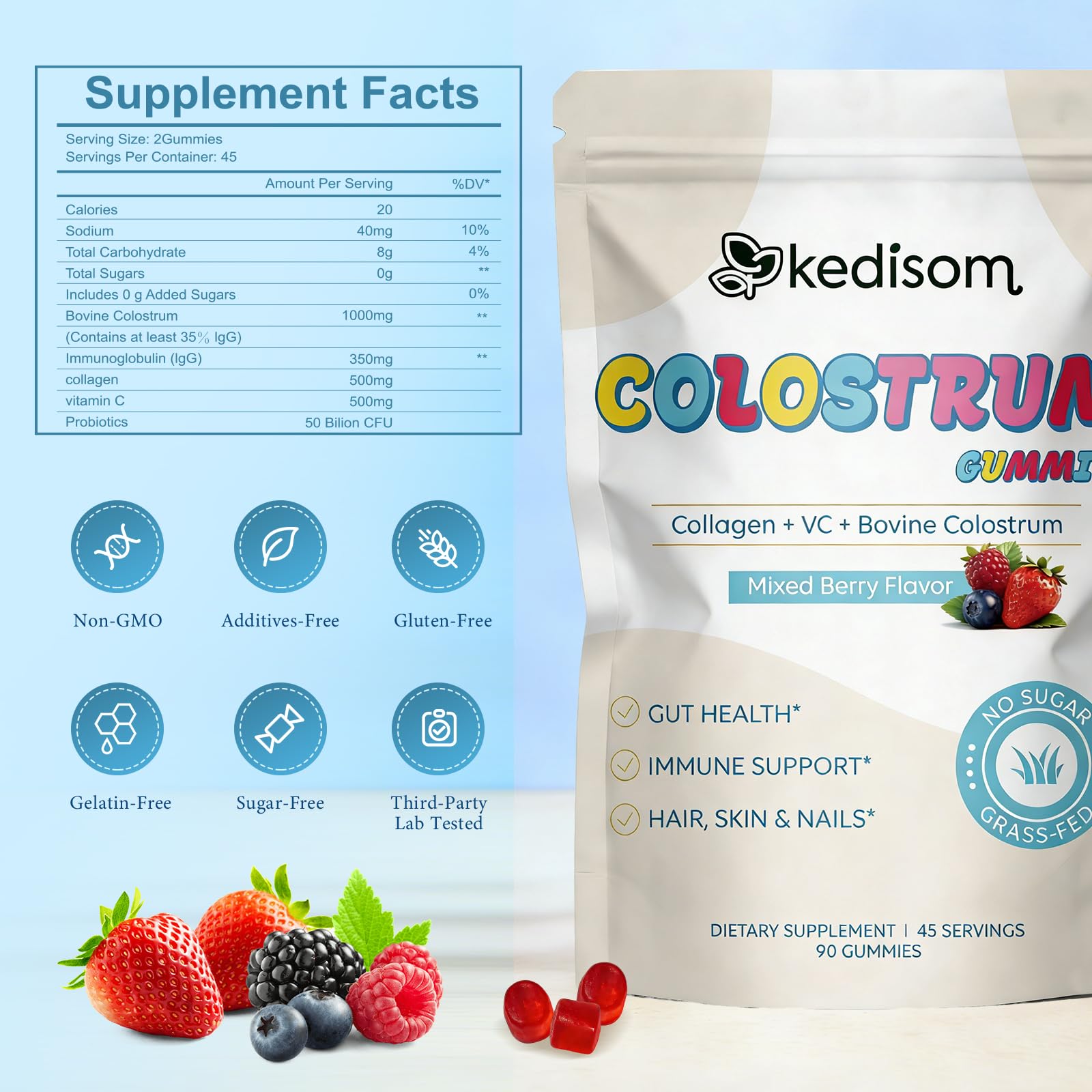 KEDISOM Colostrum Gummies, Grass Fed Colostrum Supplement, 90 Bovine Colostrum Gummies, 45 Servings, Mixed Berry, Sugar-Free - dailyvitalstore
