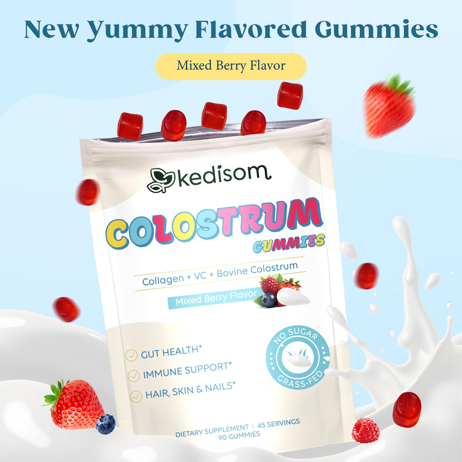 KEDISOM Colostrum Gummies, Grass Fed Colostrum Supplement, 90 Bovine Colostrum Gummies, 45 Servings, Mixed Berry, Sugar-Free - dailyvitalstore