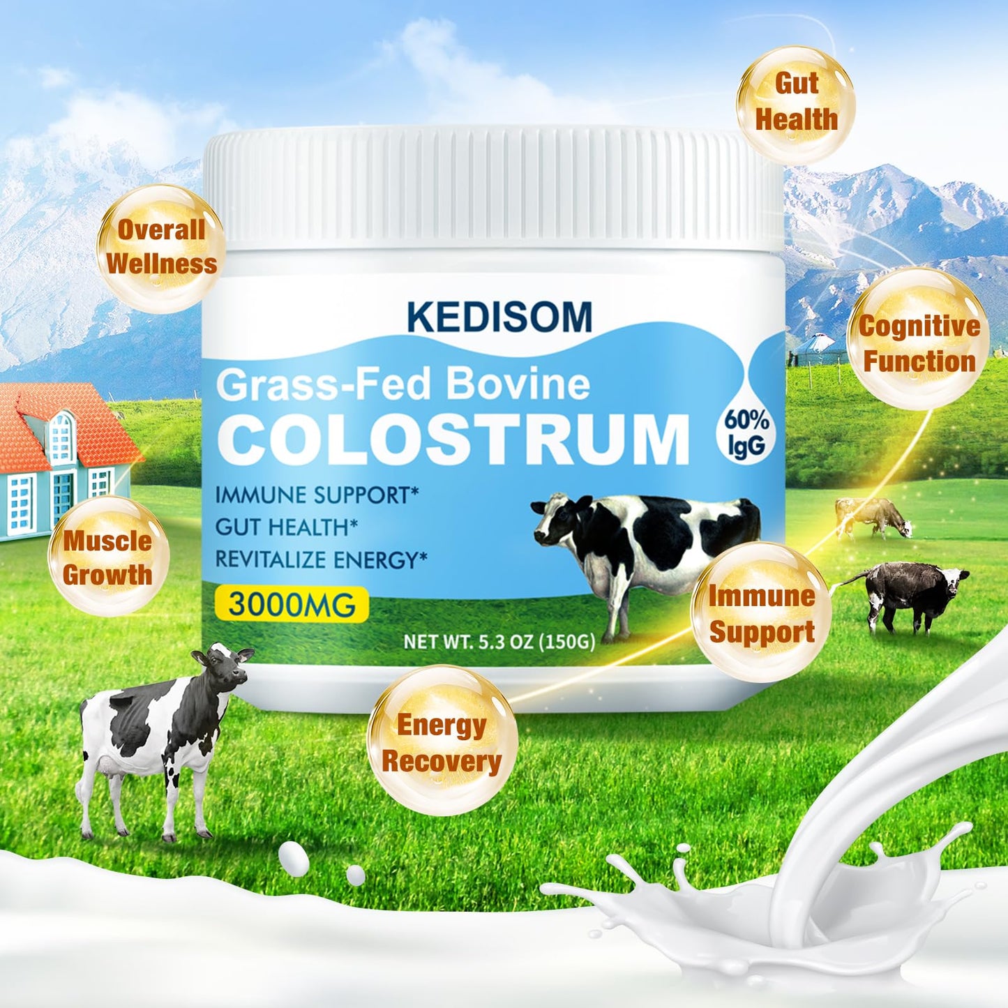 KEDISOM Grass-Fed Bovine Colostrum Supplement Powder - 60% High IgG 3000 mg for Gut Health, Immune Support - Easy to Mix Natural Liposomal - dailyvitalstore