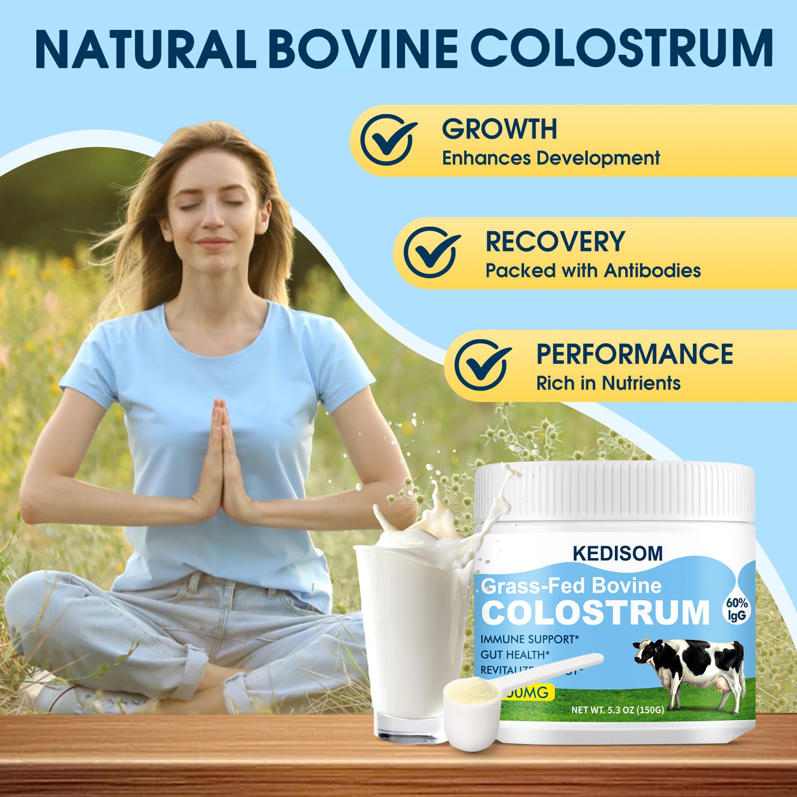KEDISOM Grass-Fed Bovine Colostrum Supplement Powder - 60% High IgG 3000 mg for Gut Health, Immune Support - Easy to Mix Natural Liposomal - dailyvitalstore