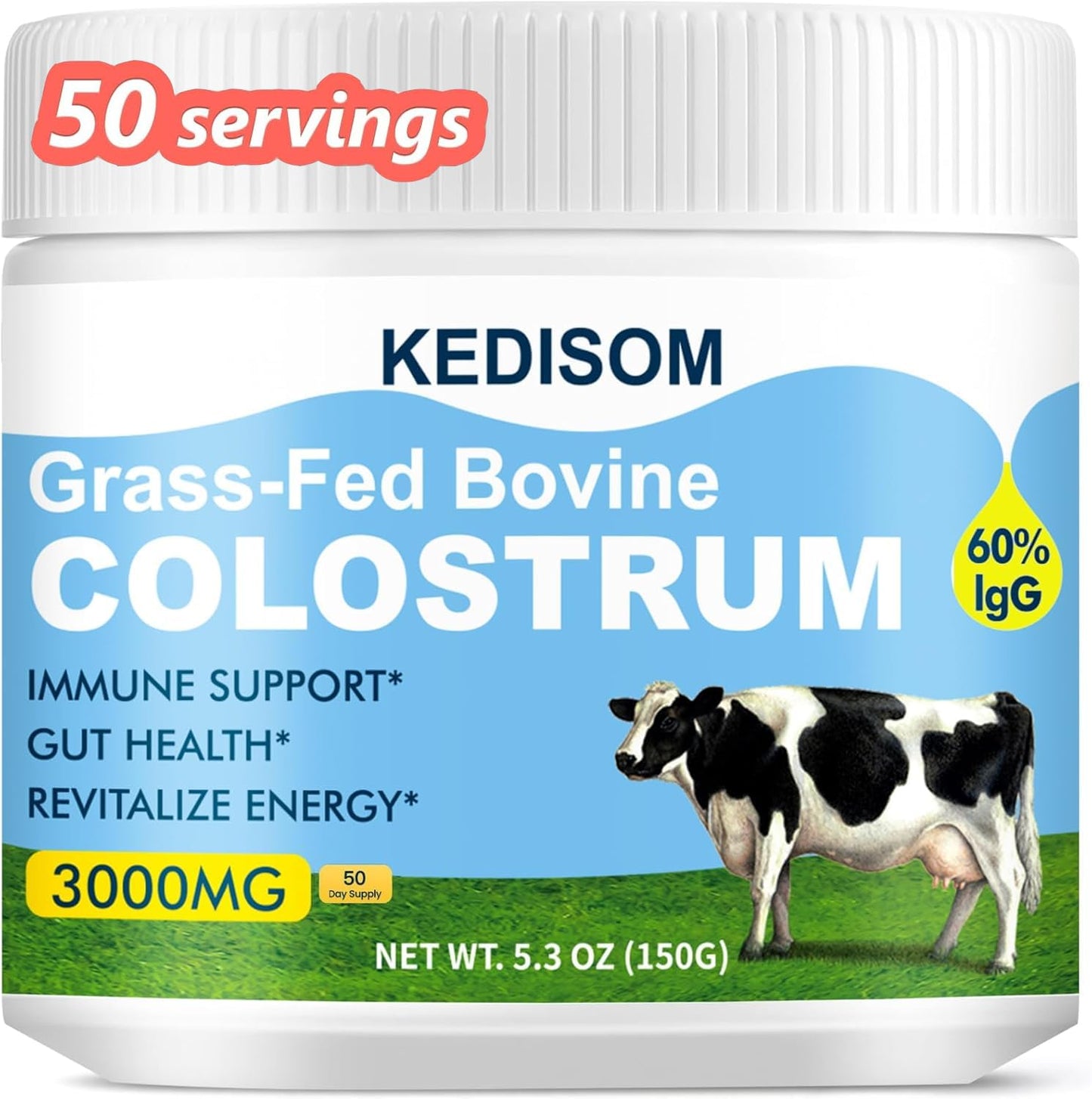 KEDISOM Grass-Fed Bovine Colostrum Supplement Powder - 60% High IgG 3000 mg for Gut Health, Immune Support - Easy to Mix Natural Liposomal Colostrum Superfood, Unflavored, 50 Servings - dailyvitalstore