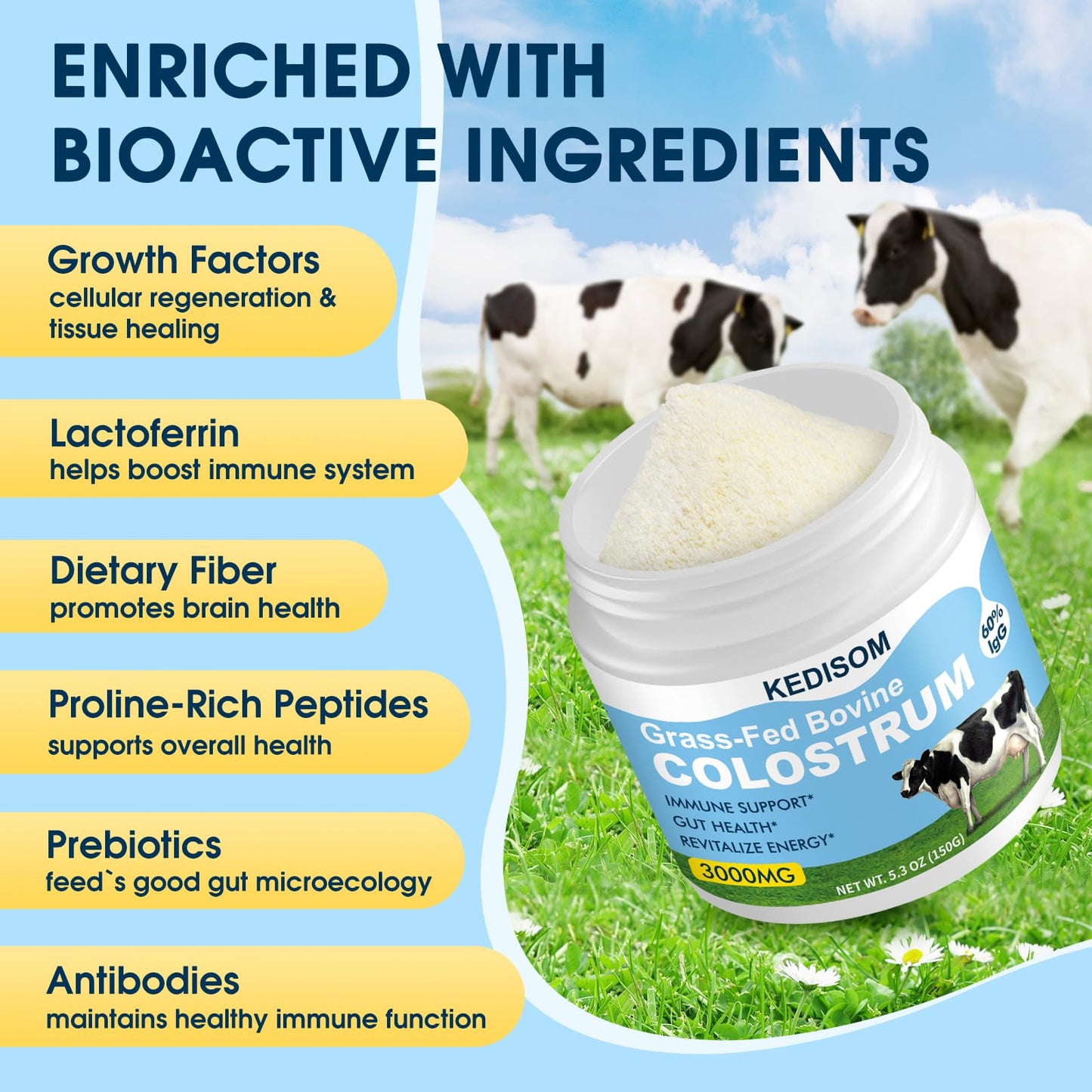 KEDISOM Grass-Fed Bovine Colostrum Supplement Powder - 60% High IgG 3000 mg for Gut Health, Immune Support - Easy to Mix Natural Liposomal Colostrum Superfood, Unflavored, 50 Servings - dailyvitalstore