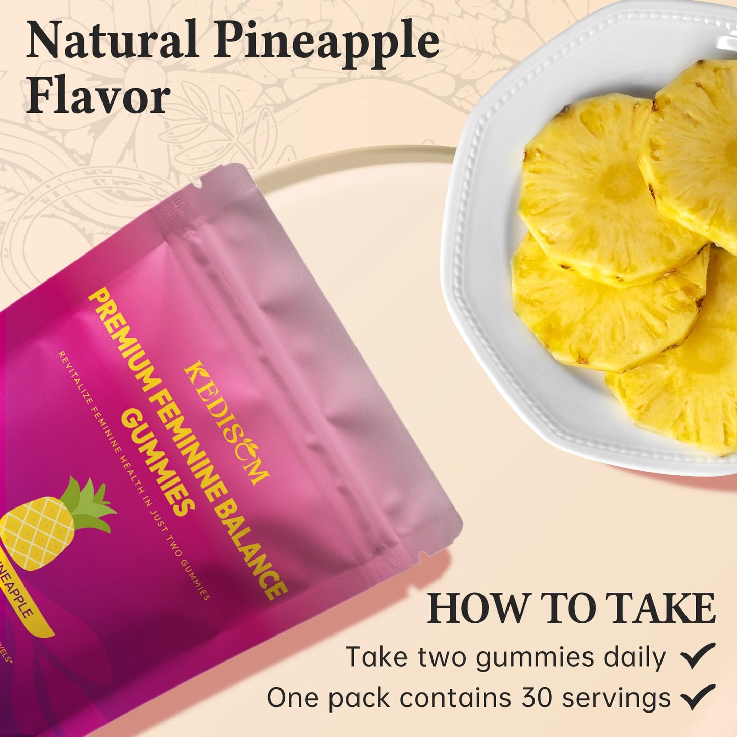 KEDISOM Premium Feminine Balance Gummies - for Women’s Health & Wellness - Immune Support - Vegan, Gluten-Free - Hawaiian Pineapple - 60 Gummies - 30 Servings - dailyvitalstore