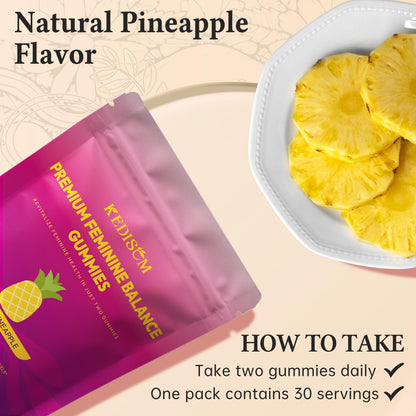 KEDISOM Premium Feminine Balance Gummies - for Women’s Health & Wellness - Immune Support - Vegan, Gluten-Free - Hawaiian Pineapple - 60 Gummies - 30 Servings - dailyvitalstore