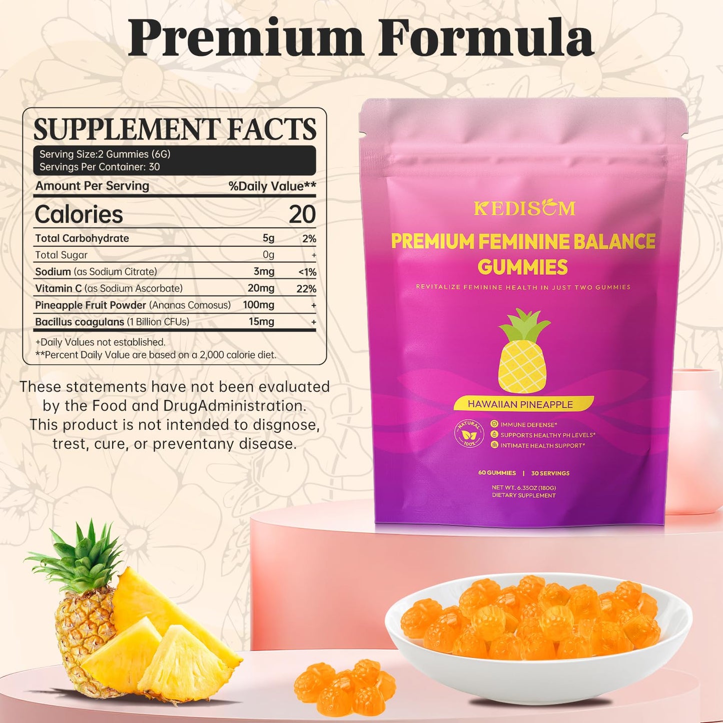 KEDISOM Premium Feminine Balance Gummies - for Women’s Health & Wellness - Immune Support - Vegan, Gluten-Free - Hawaiian Pineapple - 60 Gummies - 30 Servings - dailyvitalstore