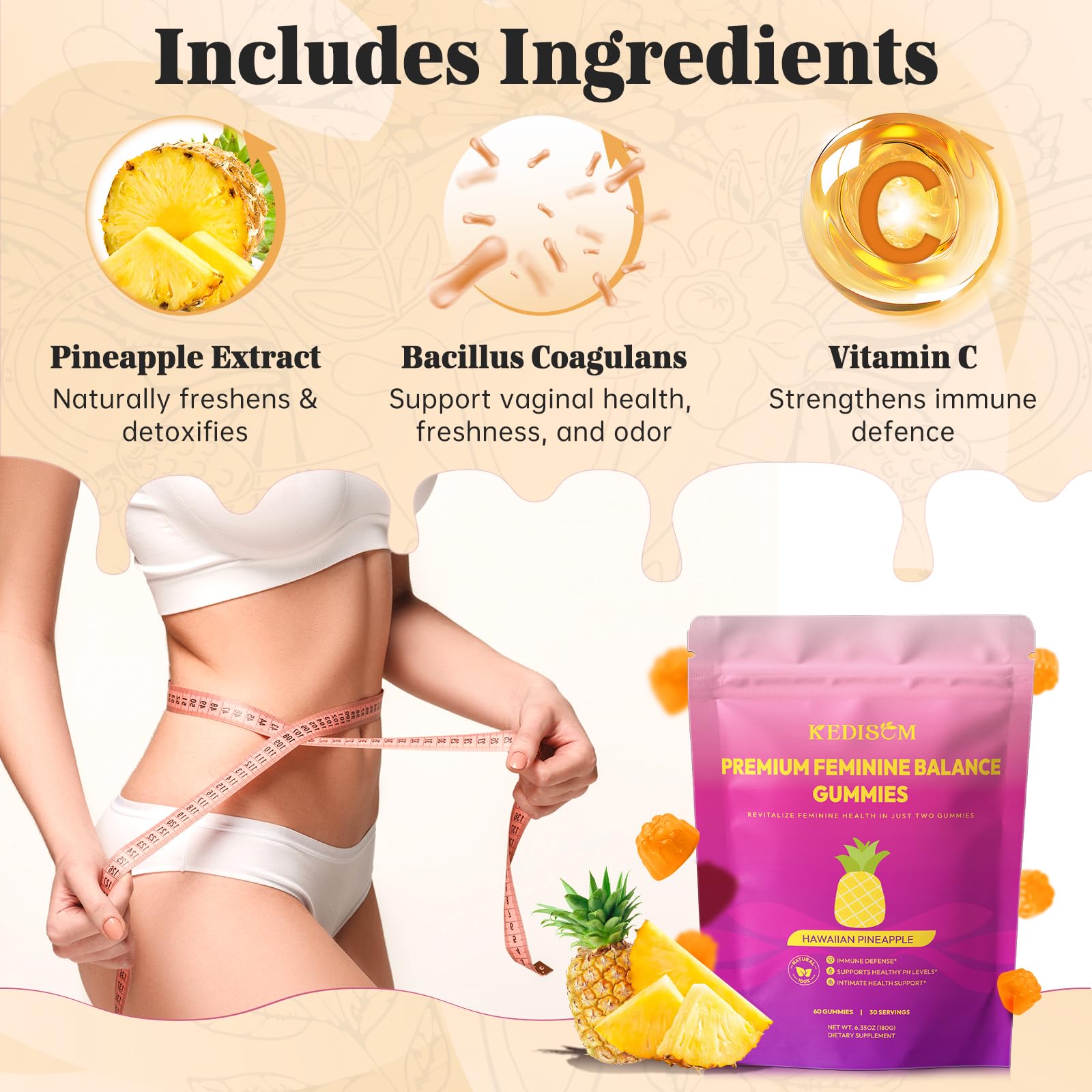 KEDISOM Premium Feminine Balance Gummies - for Women’s Health & Wellness - Immune Support - Vegan, Gluten-Free - Hawaiian Pineapple - 60 Gummies - 30 Servings - dailyvitalstore