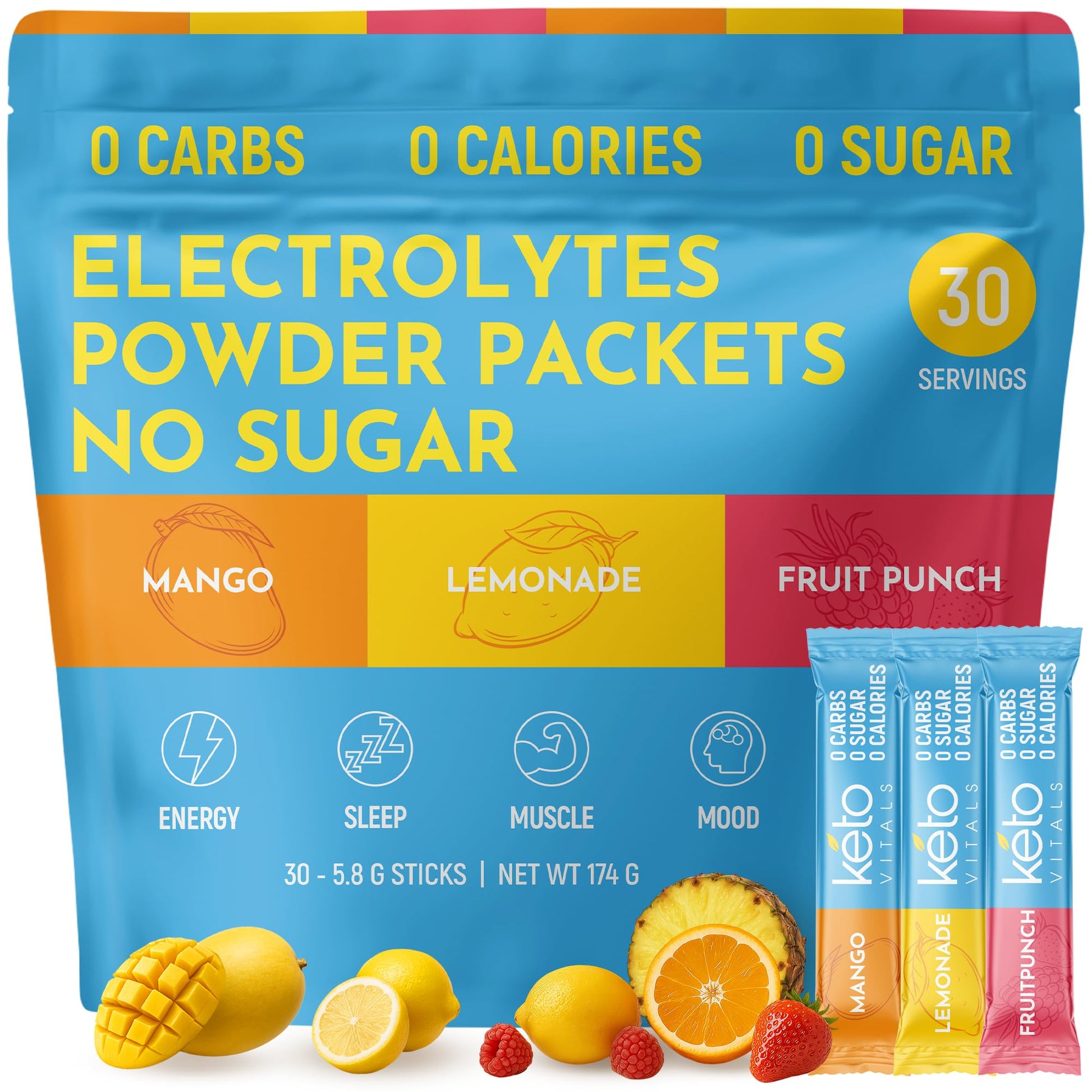 Keto Vitals Original Electrolytes Powder Packets | Keto Friendly Electrolyte Hydration Packs | Sugar Free Electrolytes | Energy Drink Mix | Zero Calorie Zero Carb (Original Assorted, 30 Count) - dailyvitalstore