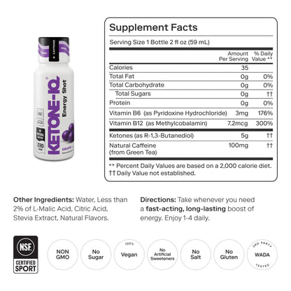Ketone-IQ Caffeine Performance Energy Shots – Clean Energy for Focus & Endurance, 5g Ketones, 100mg Green Tea Caffeine, B Vitamins, 12 Pack (Grape) - dailyvitalstore